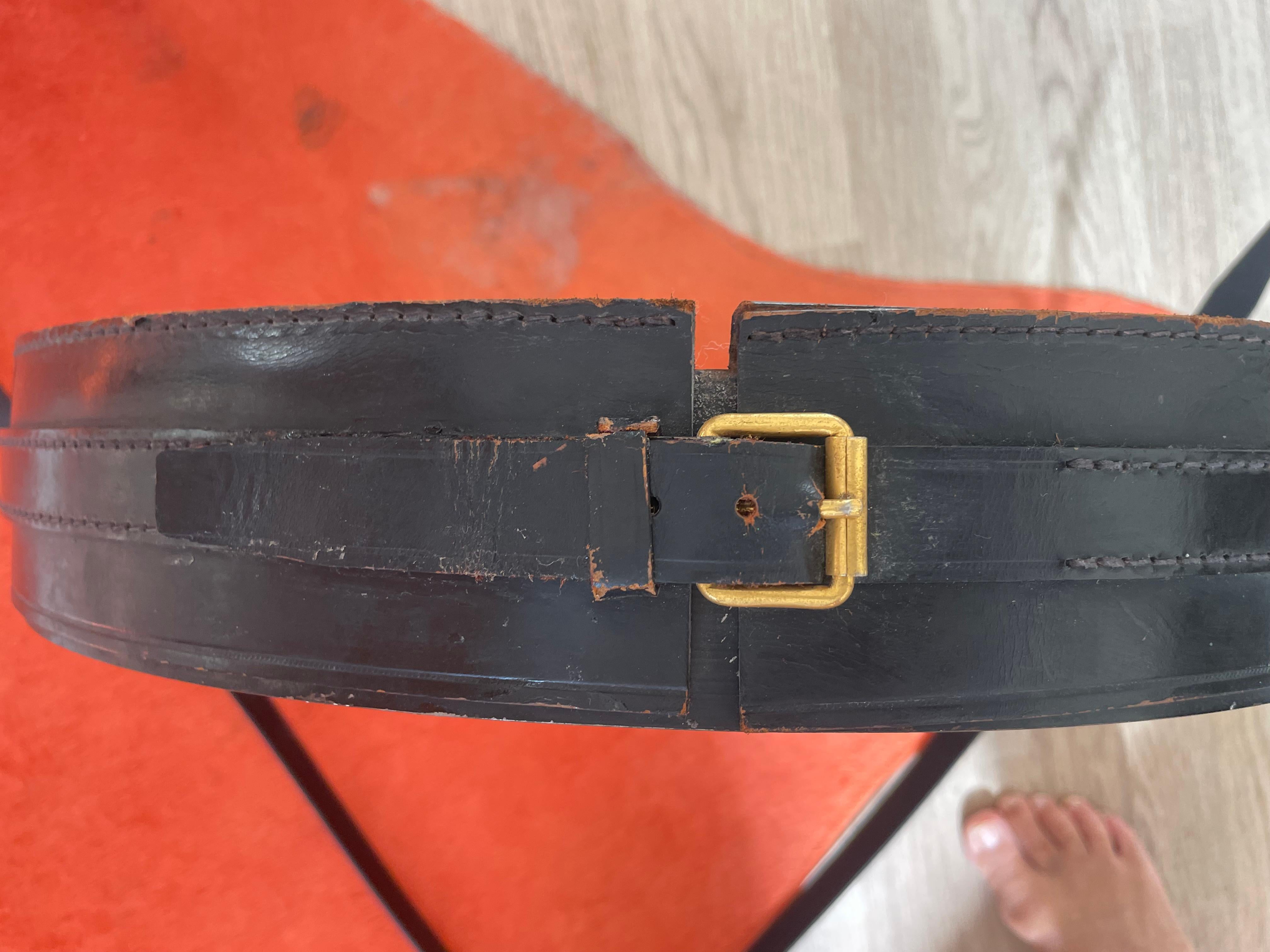 Brass Black Leather Mirror Covered by Hermès  Designed by Jacques Adnet, France 1950. For Sale