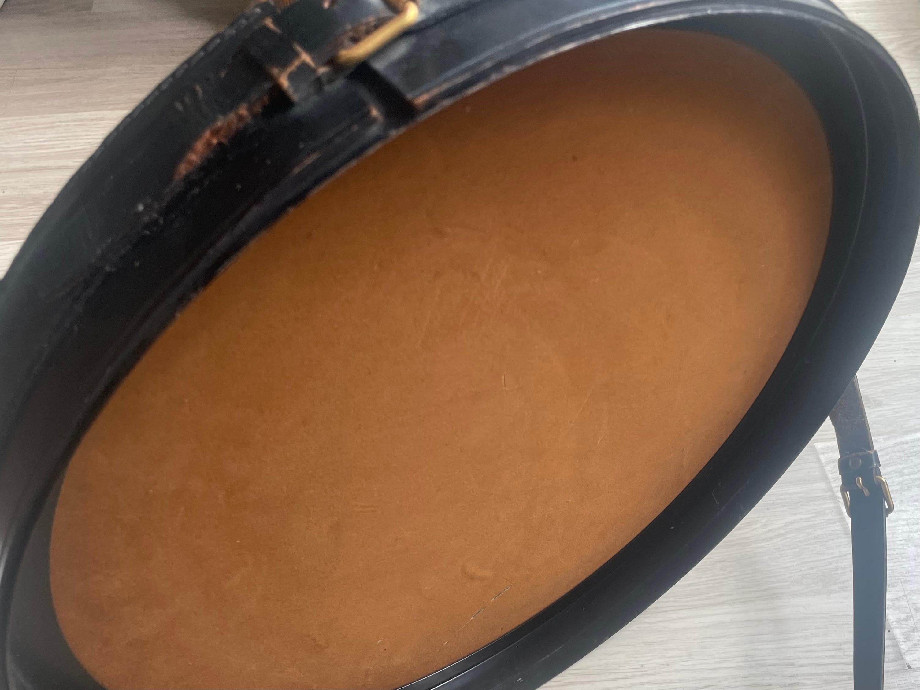 Black Leather Mirror Covered by Hermès  Designed by Jacques Adnet, France 1950. For Sale 1