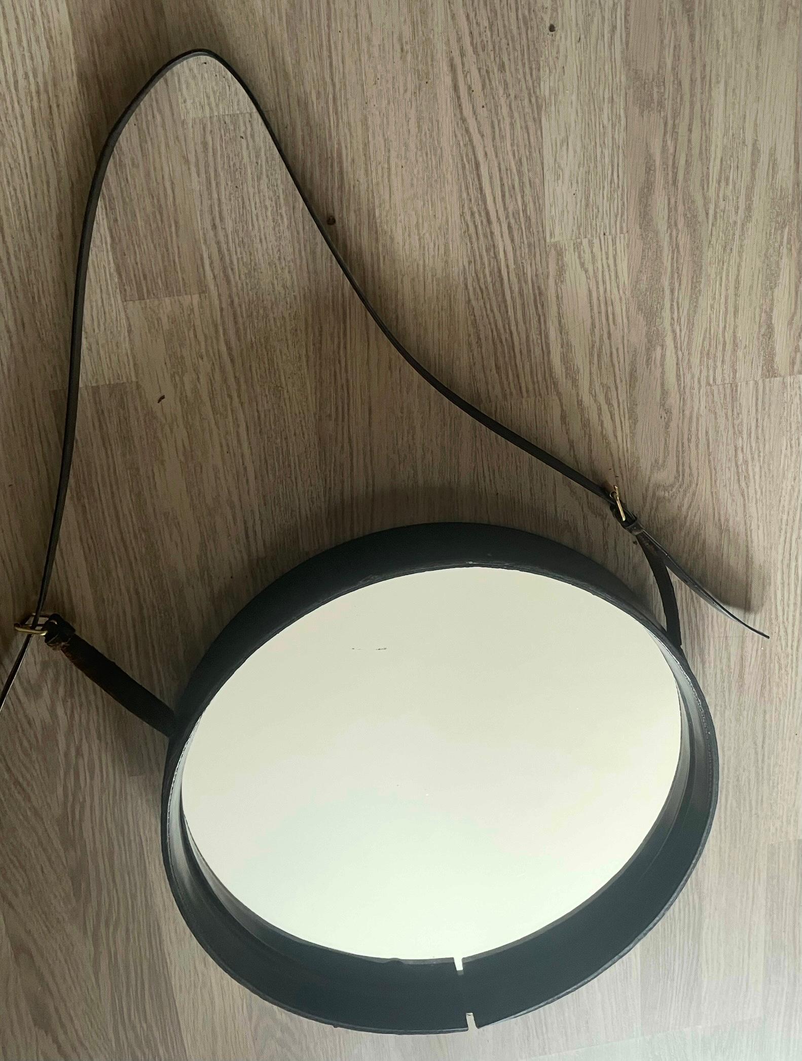 Black Leather Mirror Covered by Hermès  Designed by Jacques Adnet, France 1950. For Sale 2