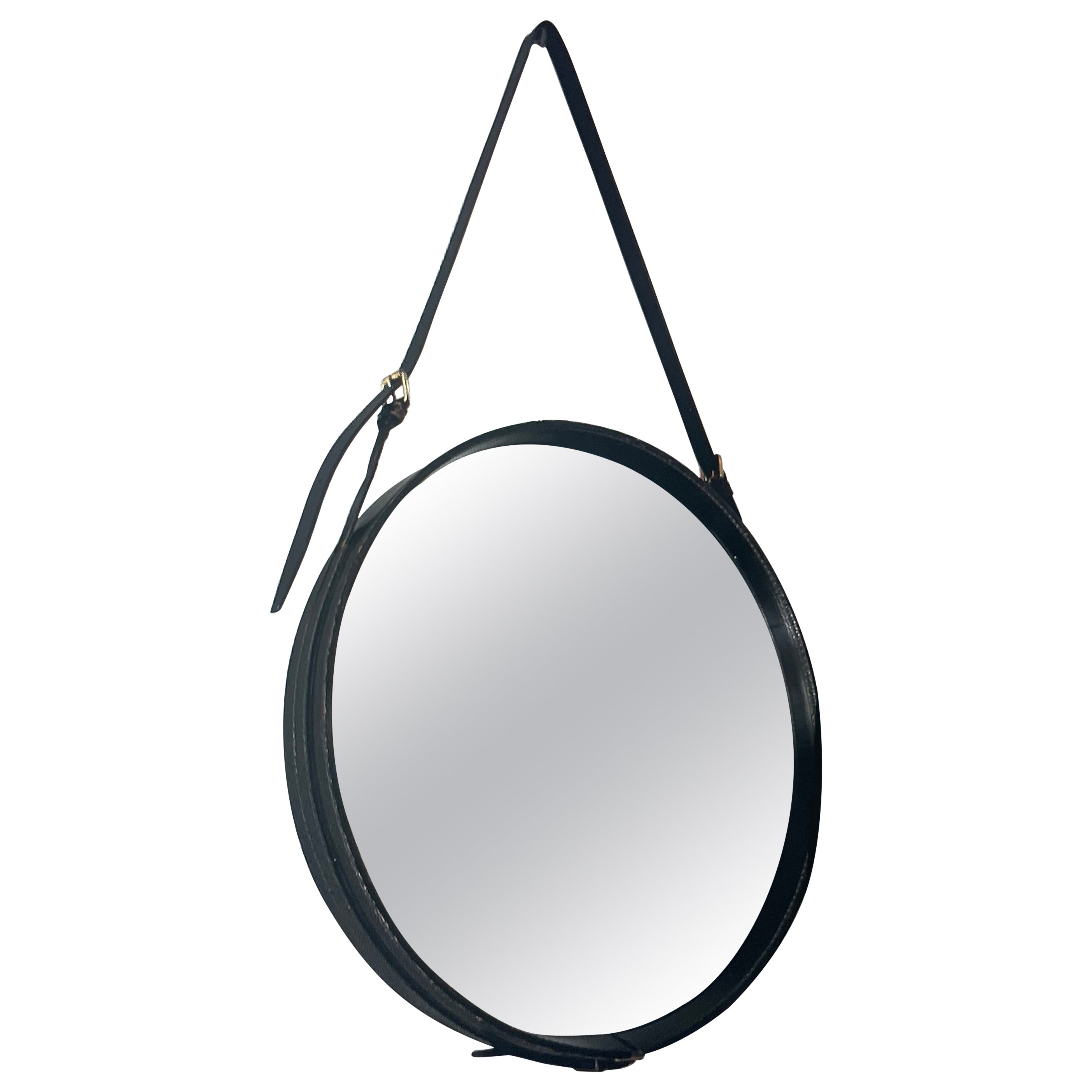 Black Leather Mirror Covered by Hermès  Designed by Jacques Adnet, France 1950. For Sale