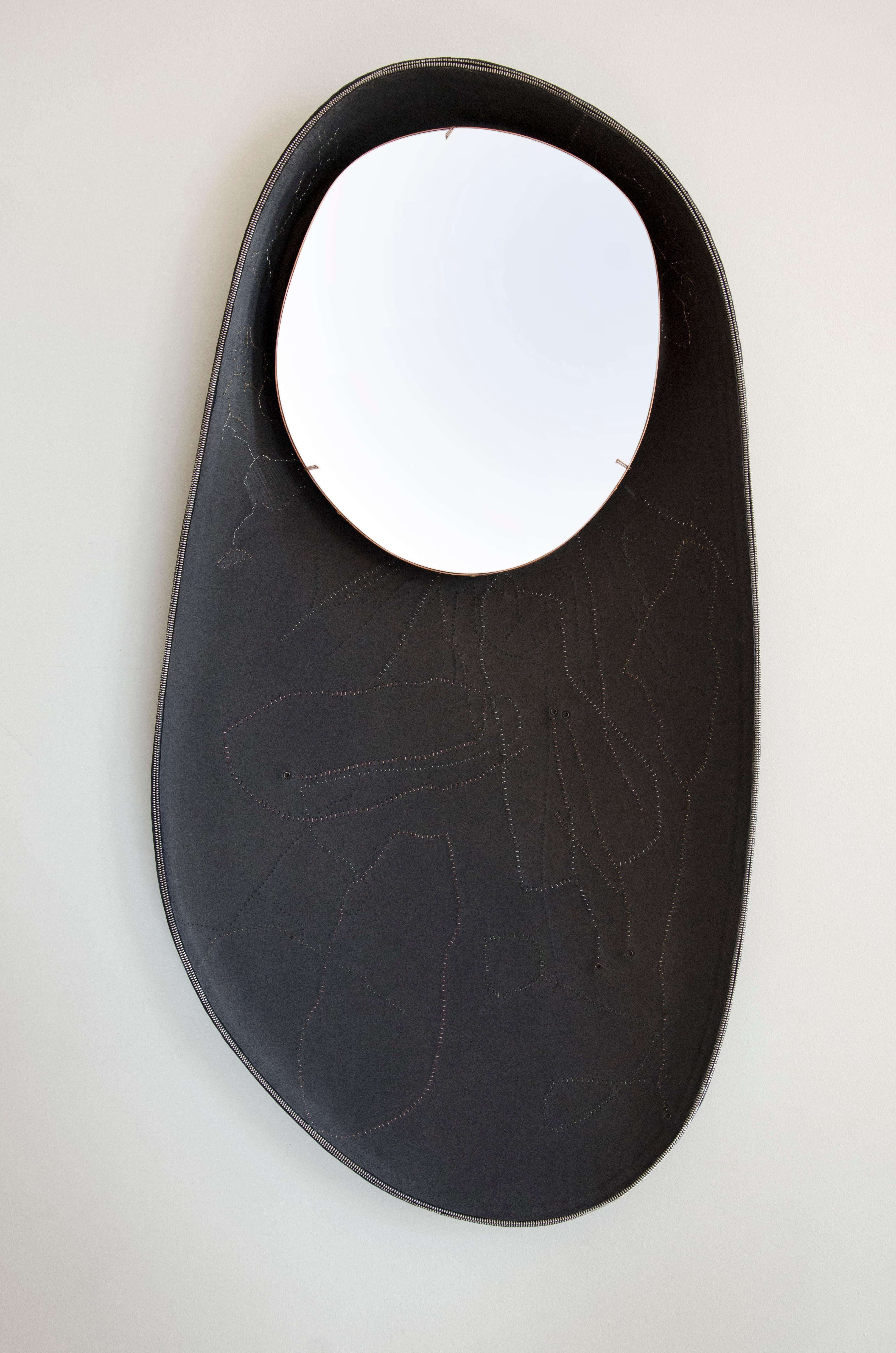 Embossed Black Leather Mirror with Gold, Silver and Copper Embroidery, France