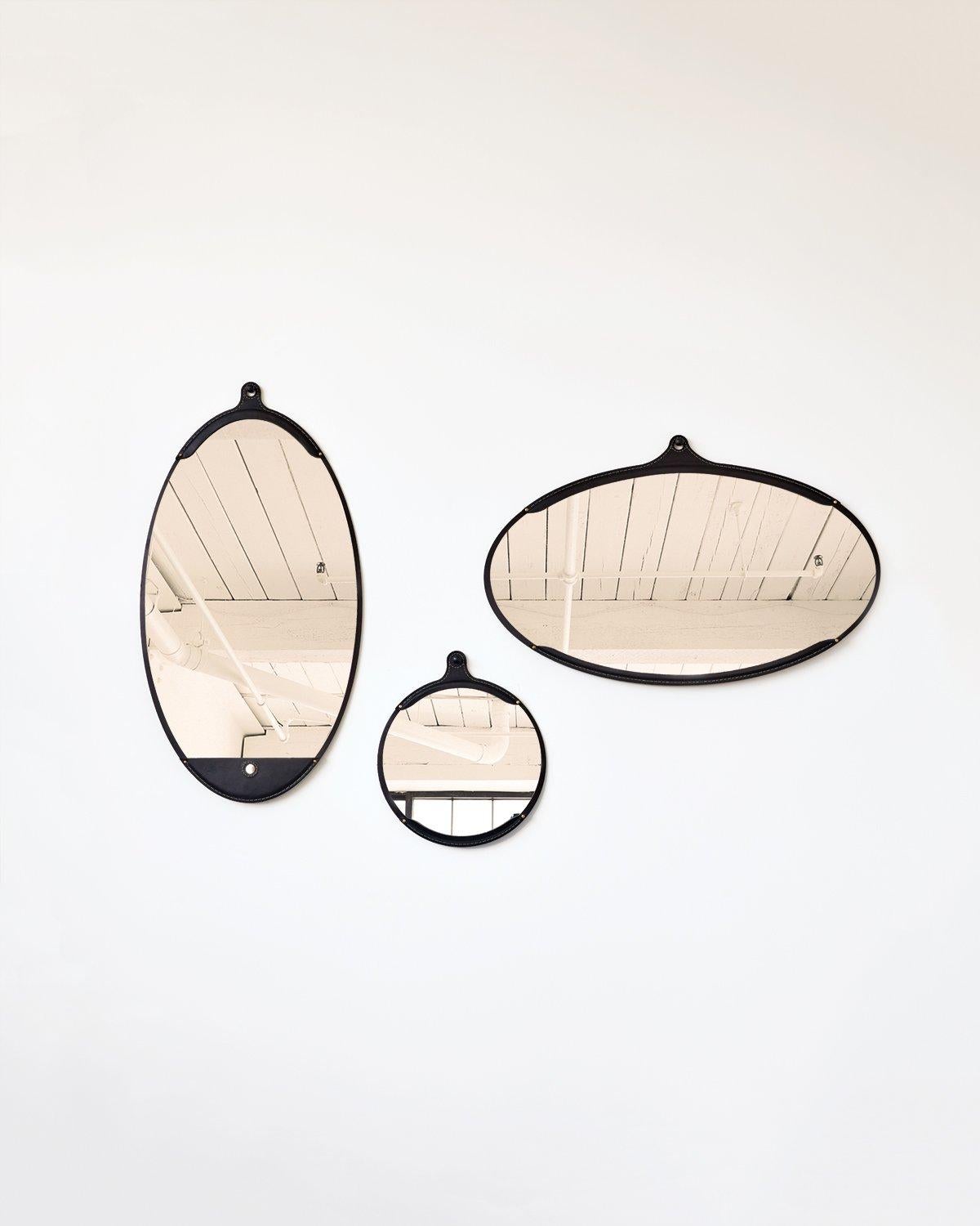 American Black Leather Modern Long Oval Fairmount Wall Mirror For Sale