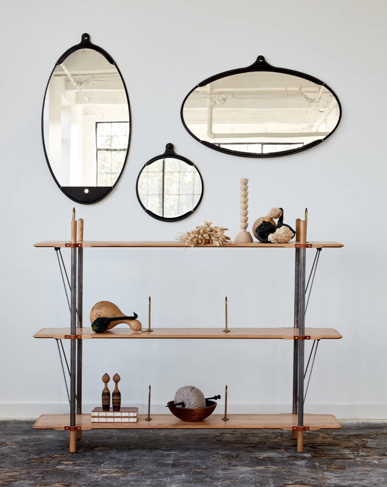 Black Leather Modern Long Oval Fairmount Wall Mirror In New Condition For Sale In Philadelphia, PA