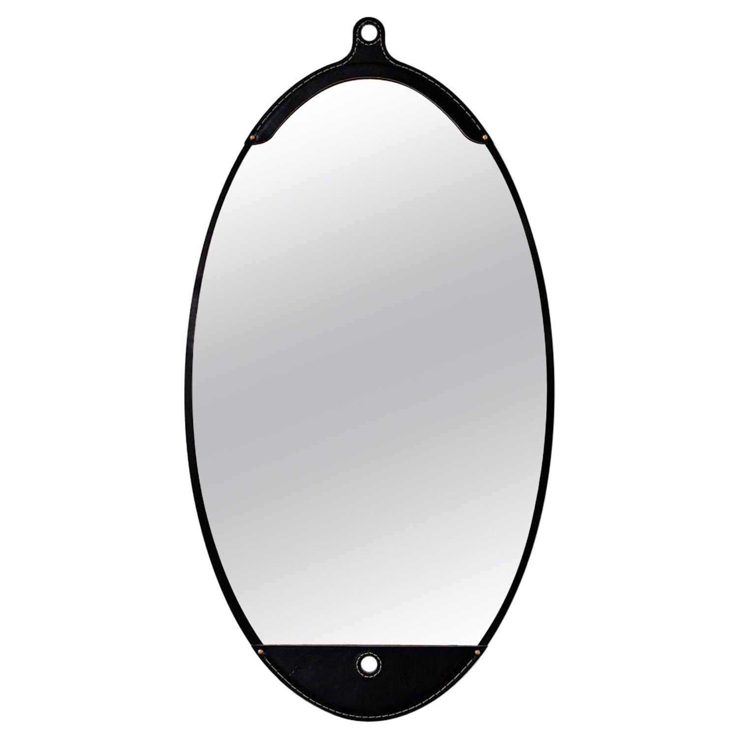 Black Leather Modern Long Oval Fairmount Wall Mirror For Sale