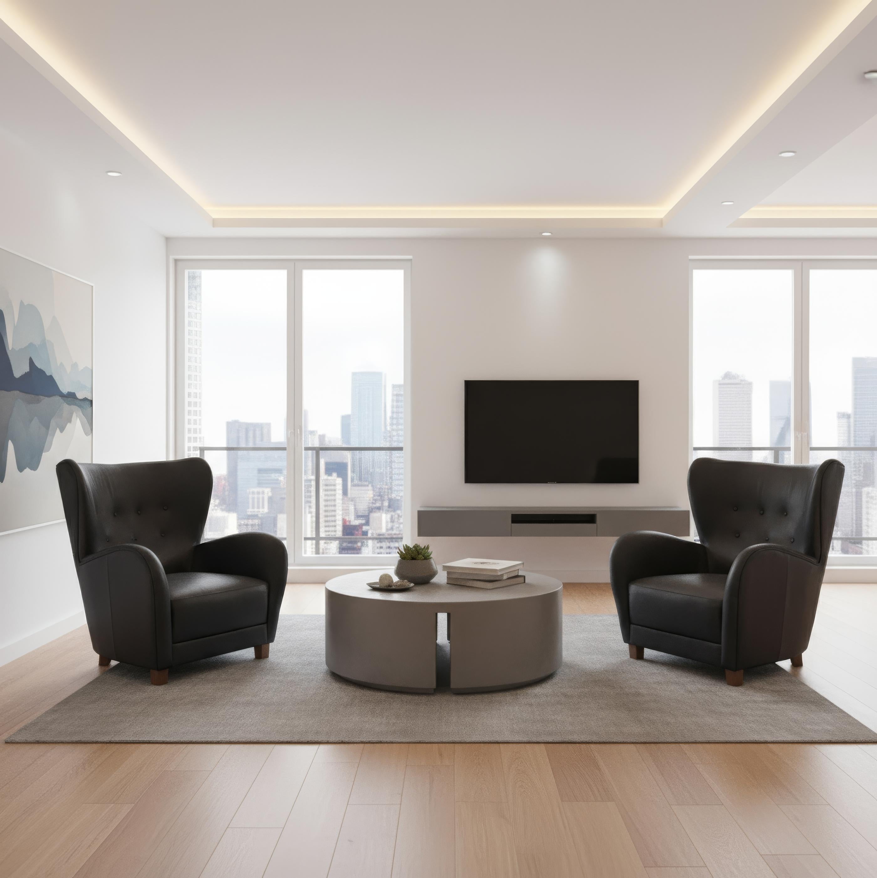 Recouvert de cuir souple aniline de première qualité, le fauteuil présente une texture douce et lisse qui rehausse son aspect raffiné. Les bords gracieusement incurvés et la silhouette à oreilles créent un look à la fois sophistiqué et