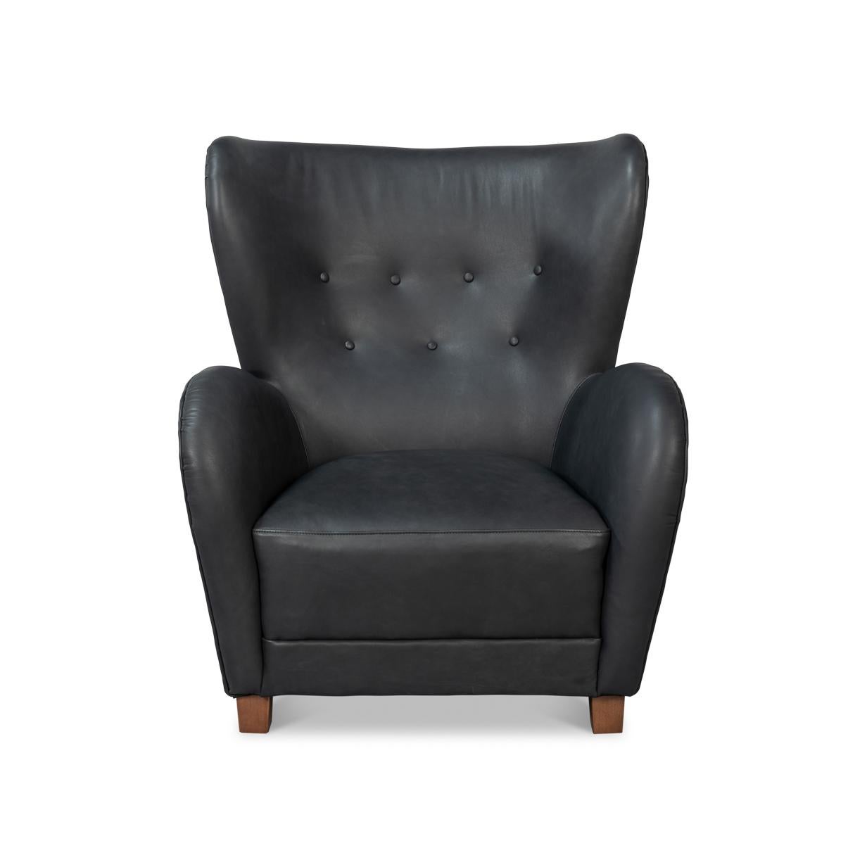 Mid-Century Modern Fauteuil Wing moderne en cuir noir en vente