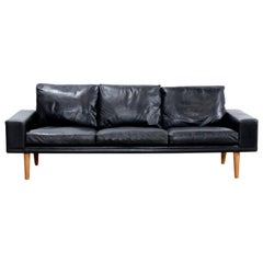 Black Leather Modernist Danish Design Three-Seater Sofa, Denmark, 1960s