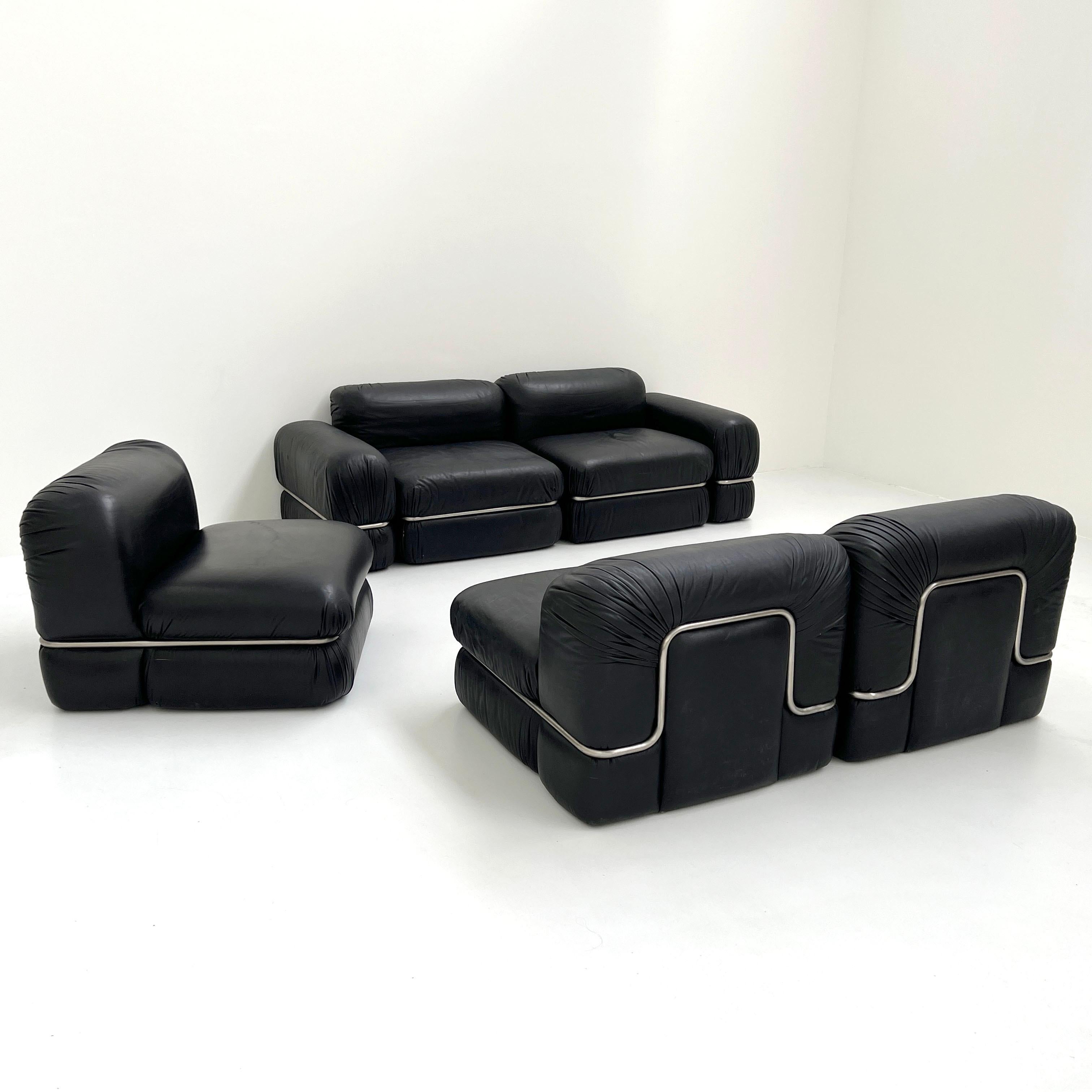 Black leather modular sofa by Rodolfo Bonetto for Tecnosalotto, 1960s
Designer - Rodolfo Bonetto
Producer - Tecnosalotto
Model - T/1 Modular Sofa
Design Period - Sixties 
Measurements - 1 Element = Width 71 cm x Depth 84 cm x Height 63 cm x