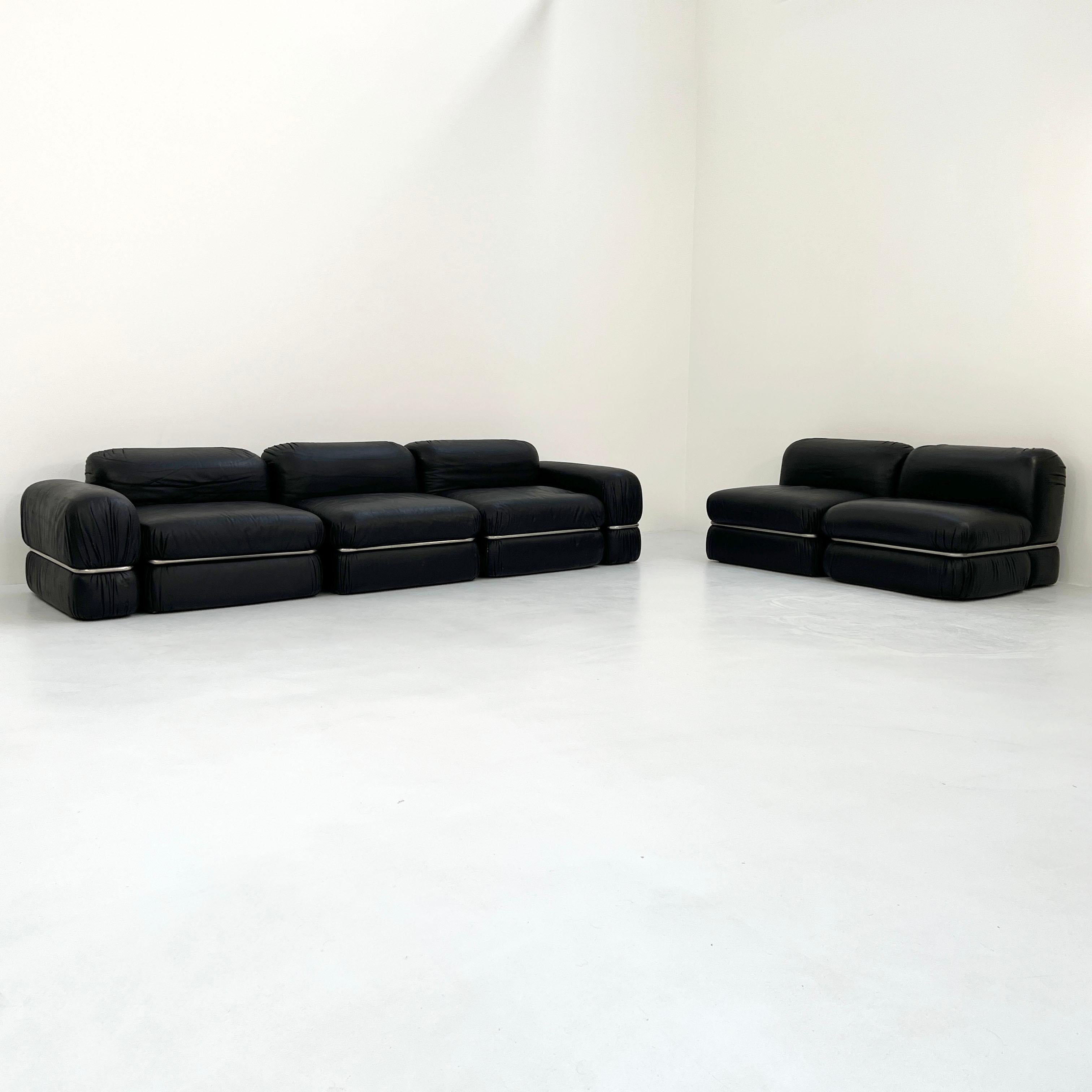 Black Leather Modular Sofa by Rodolfo Bonetto for Tecnosalotto, 1960s In Good Condition In Ixelles, Bruxelles