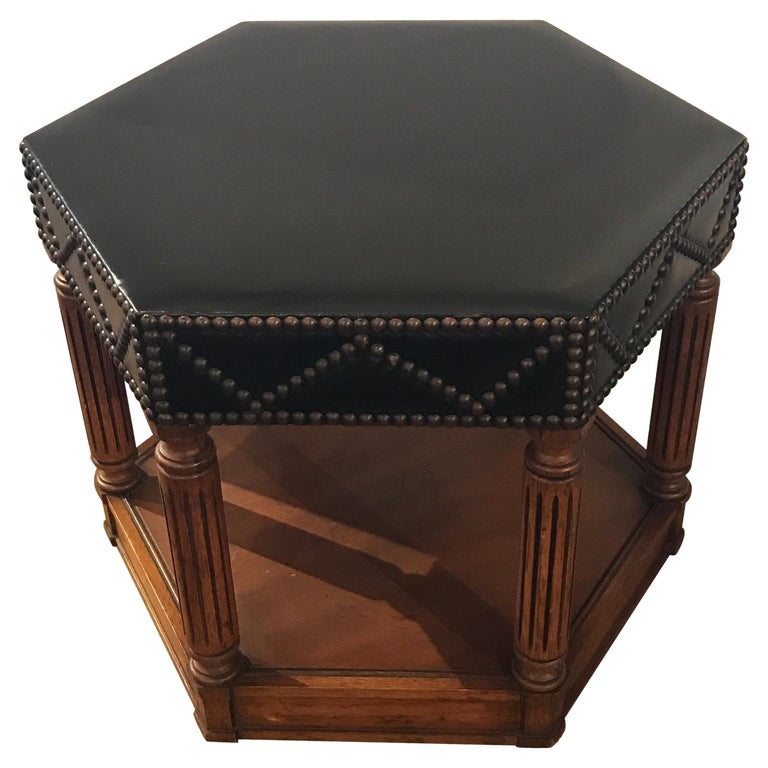 Black Leather Nailhead Stool in the Manner of Maison Jansen For Sale at