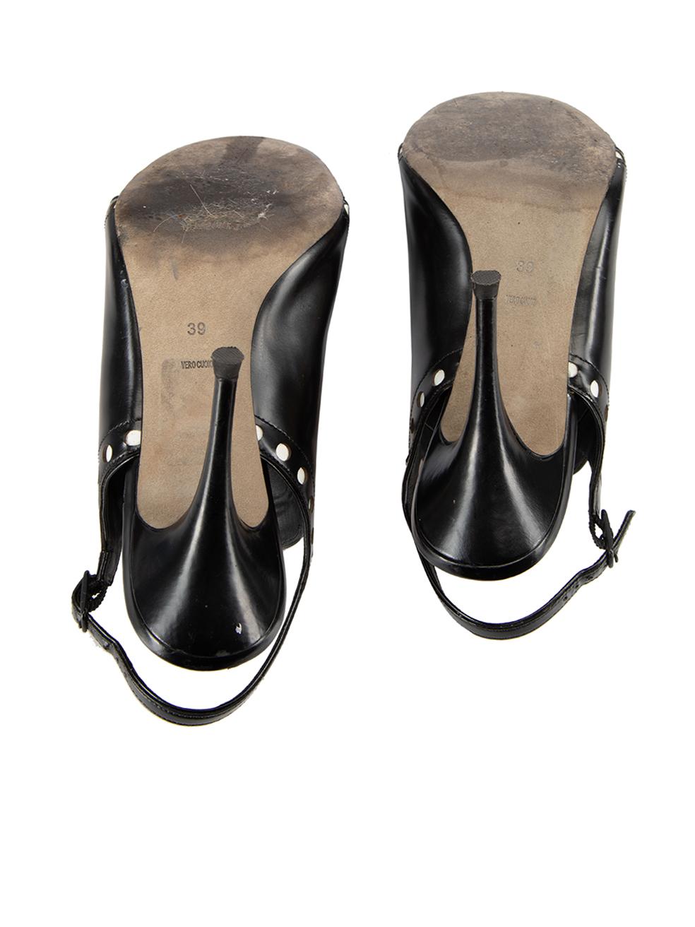 Women's Black Leather Natalya Slingback Heels Size IT 39 For Sale