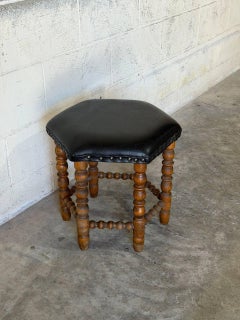 Black Leather Oak Ottoman with Nailhead Trim Spindle Legs Vintage 1970s