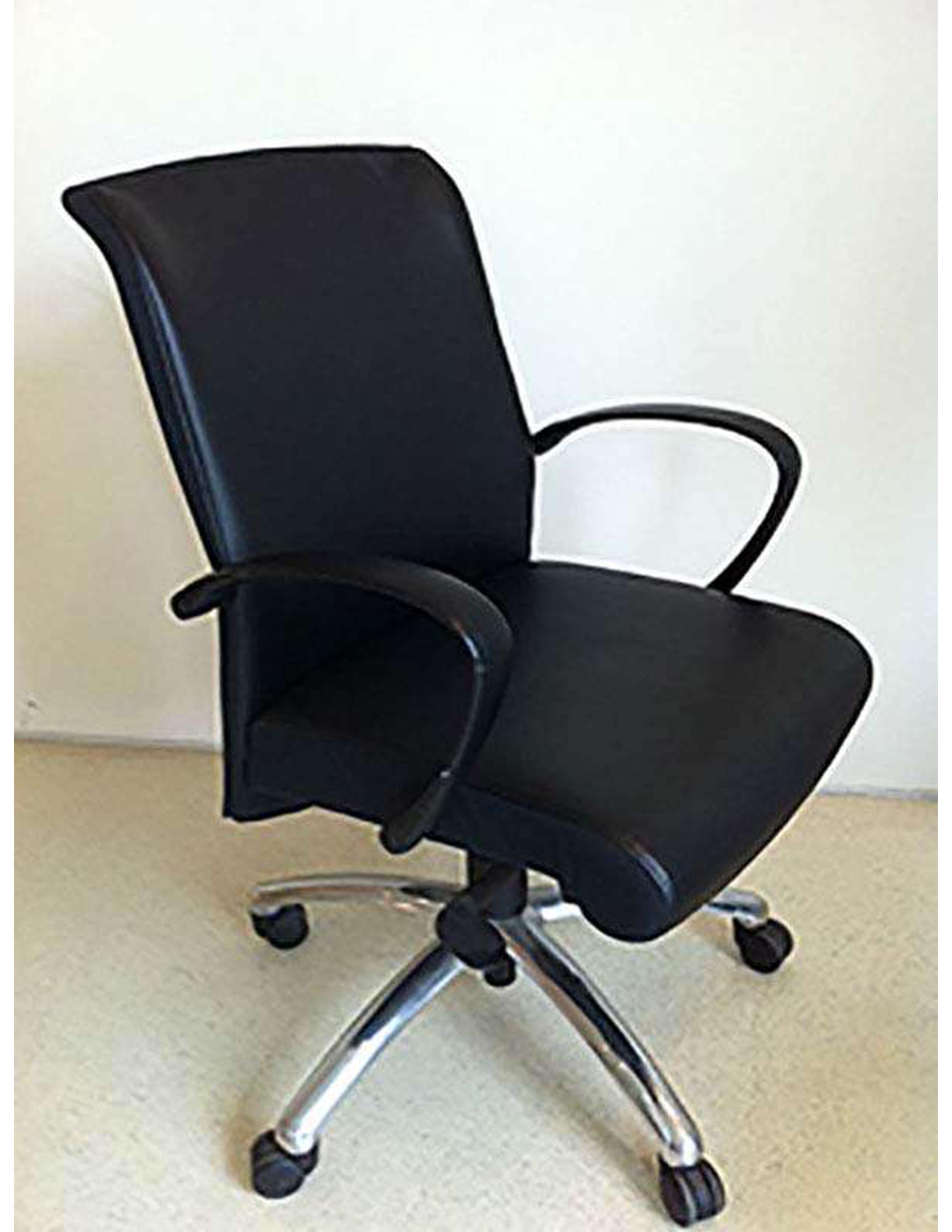 With its slender elegant design, Slim is also ideal for conference rooms and guest seating.
Height adjustable back provides back and neck support at desired location.
Black leather, on castors
Original price: $1200
Measures: Height 37-41 