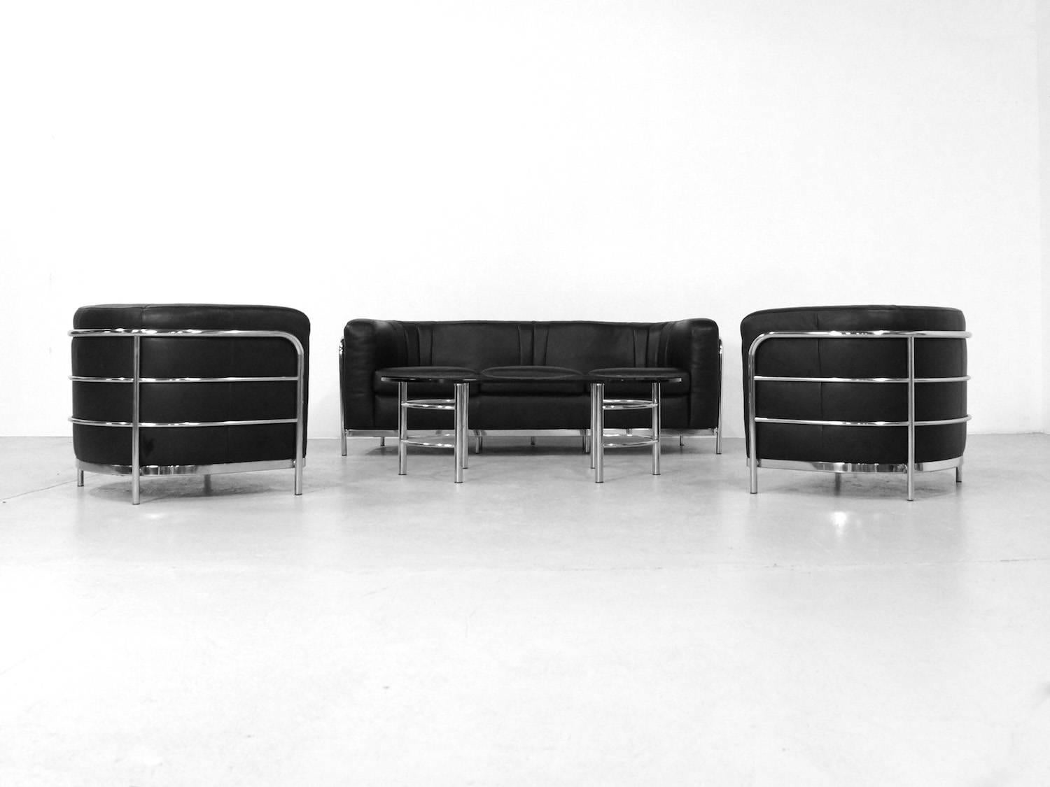 Mid-Century Modern Black Leather Onda Sofa Set Zanotta 3+1+1 and Coffee Table For Sale