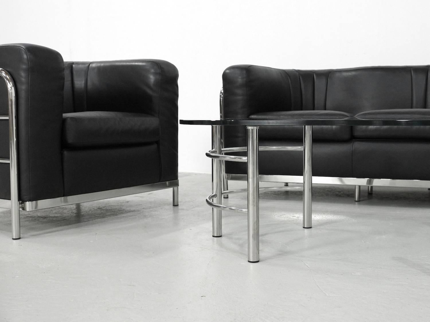 Black Leather Onda Sofa Set Zanotta 3+1+1 and Coffee Table For Sale 2