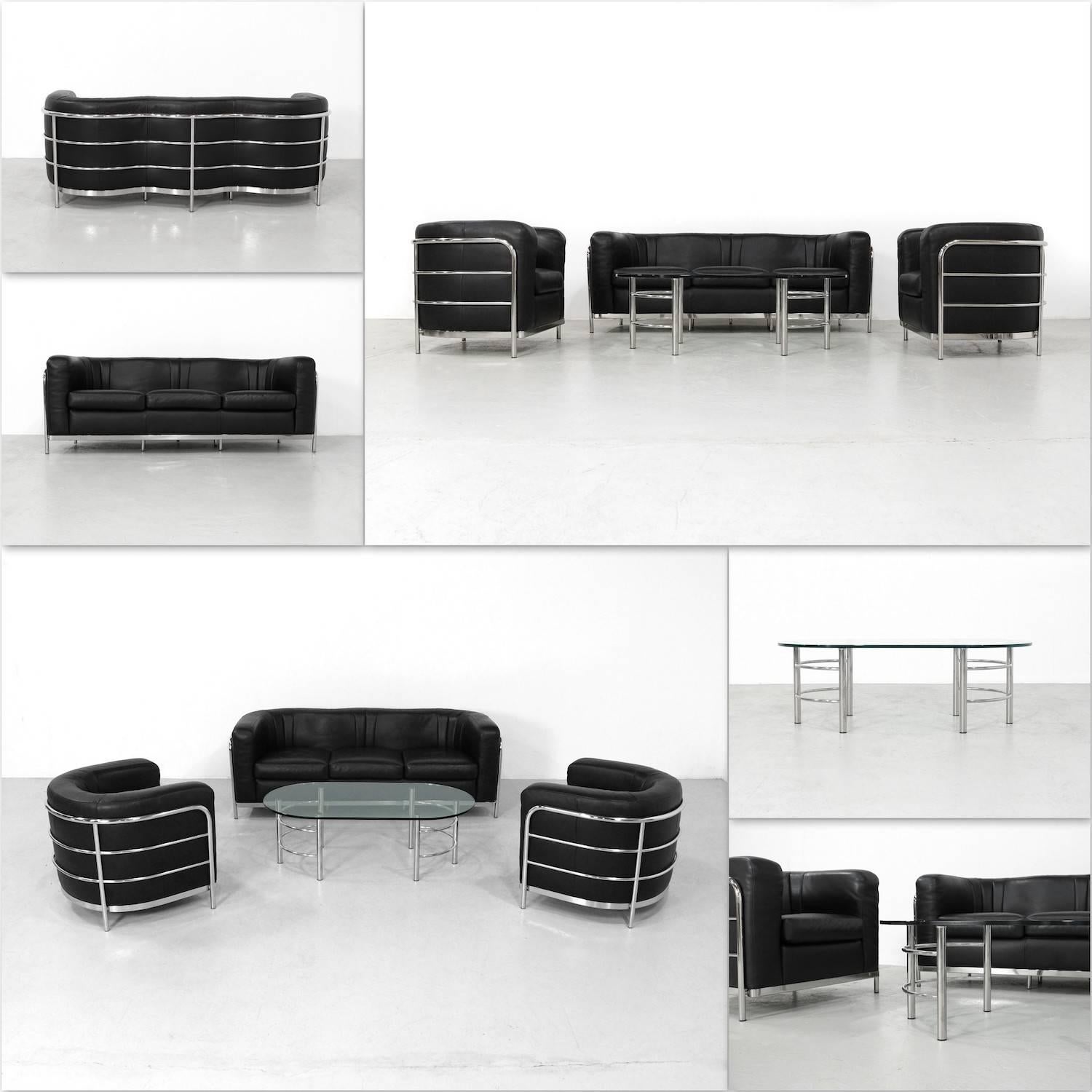 Black Leather Onda Sofa Set Zanotta 3+1+1 and Coffee Table For Sale 3