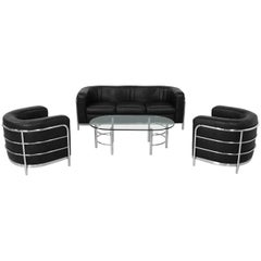 Black Leather Onda Sofa Set Zanotta 3+1+1 and Coffee Table