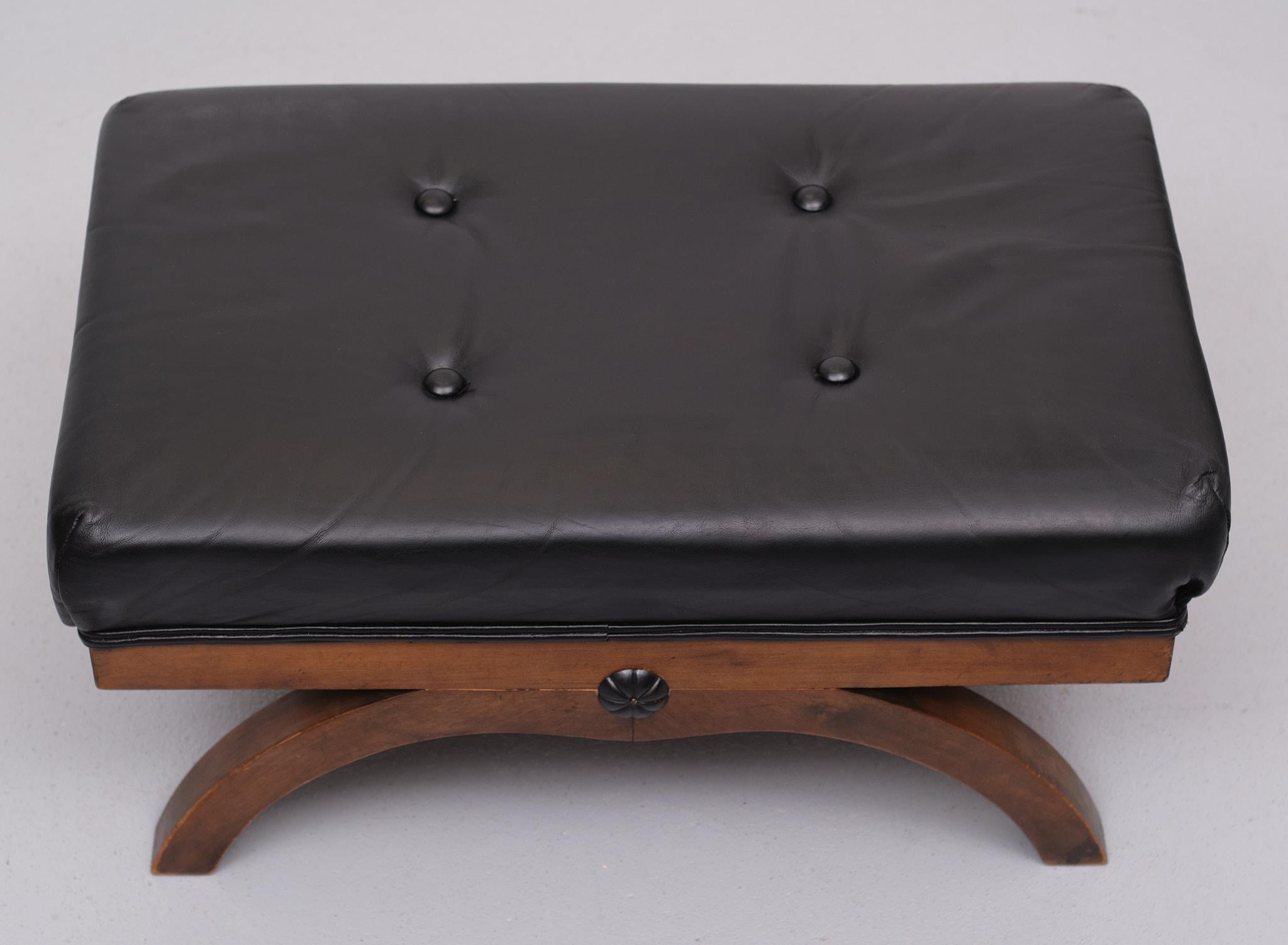 English Black Leather Ottoman 1920s England