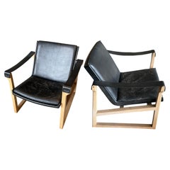 Retro Black Leather Pair Chairs by Ebbe Clemmonsen for Fritz Hansen, Denmark, 1960s