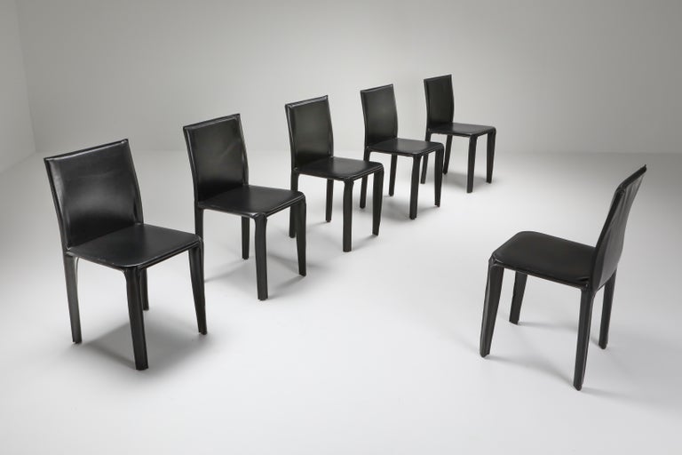 Studio Grassi & Bianchi for Pellizoni, Italy, 1970s
Postmodern black full grain leather dining chairs
comparable to Mario Bellini's CAB chair
Nice wear and great vintage condition.
Measures: H 81 cm, W 43.5 cm, D 42 cm, SH 45.5 cm.
 