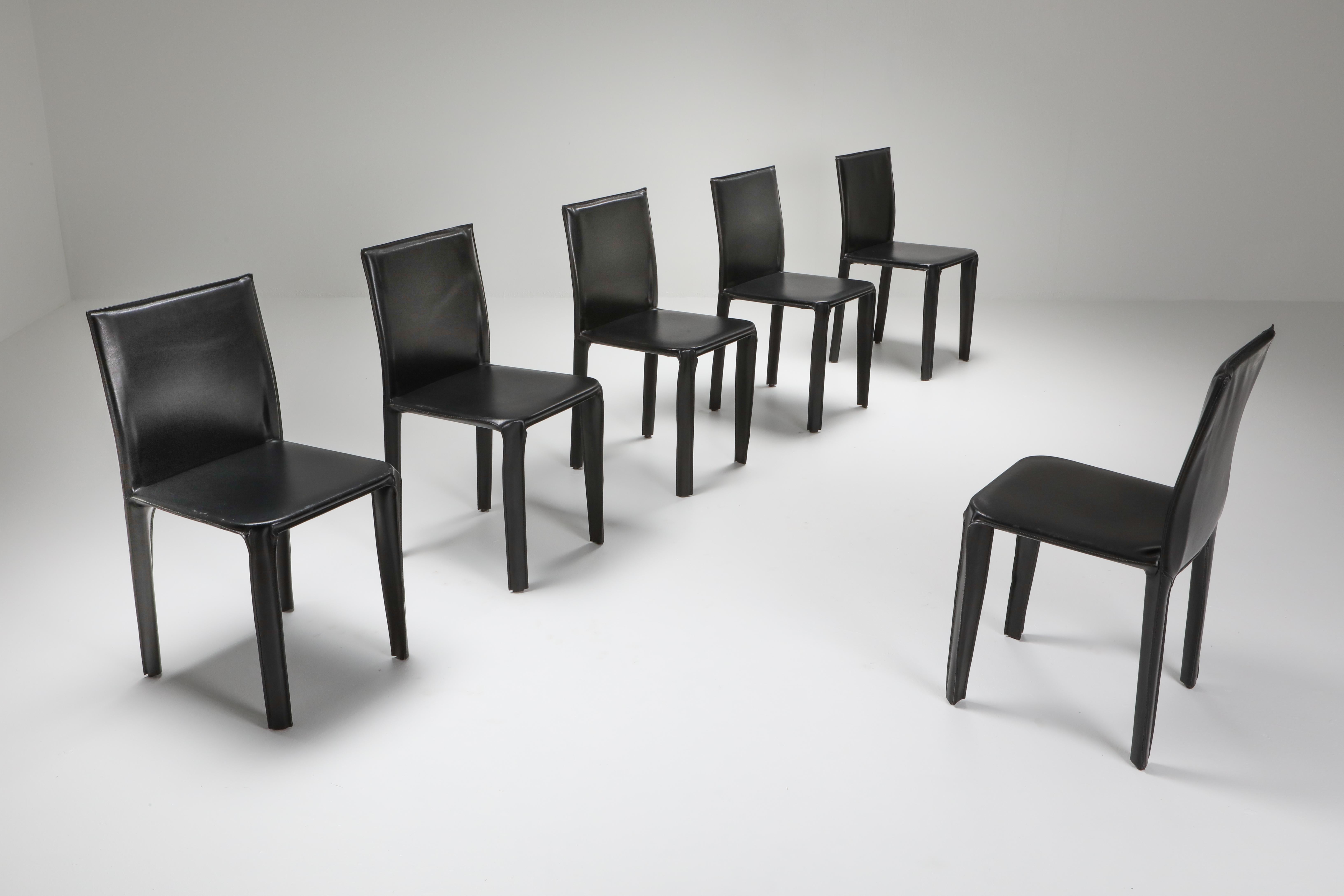 Studio Grassi & Bianchi for Pellizoni, Italy, 1970s
Postmodern black full-grain leather dining chairs comparable to Mario Bellini's CAB chair
Nice wear and great vintage condition.
Measures: H 81 cm, W 43.5 cm, D 42 cm, SH 45.5 cm.
       