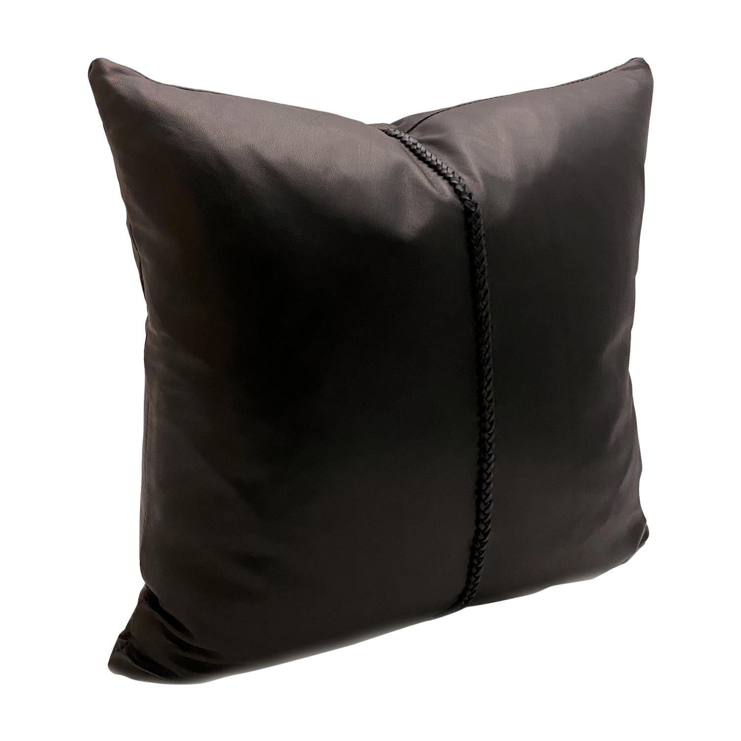 Black Leather Pillow with Leather Cross Stitch For Sale