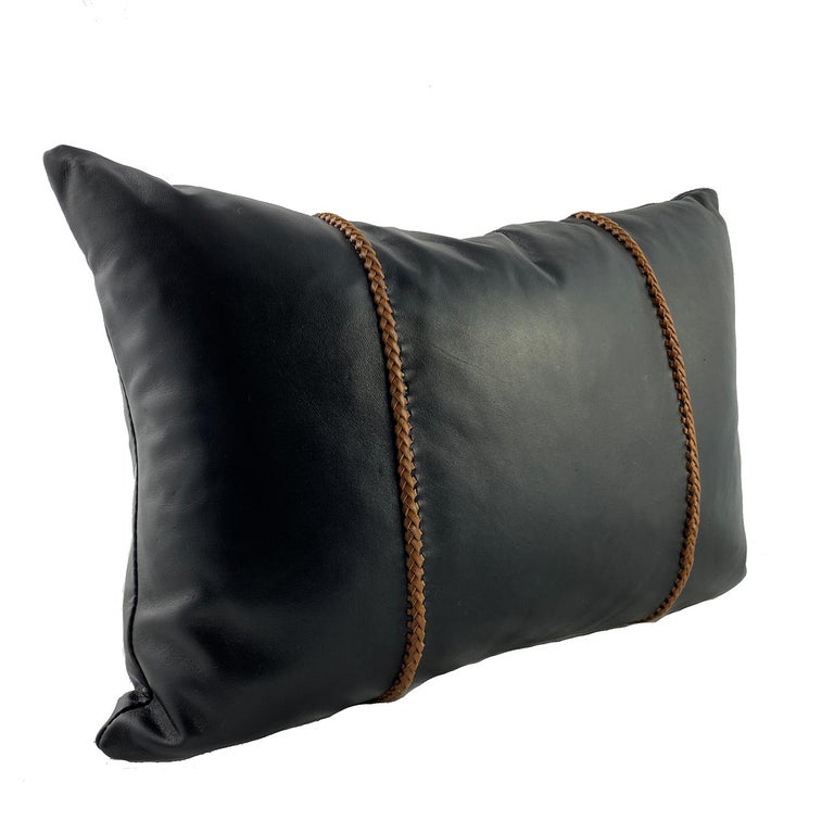 Black Leather Pillow with Tan Leather Cross Stitch, Lumbar Cushion at  1stDibs | tan leather lumbar pillow, black leather lumbar pillow, leather  cushion lumbar