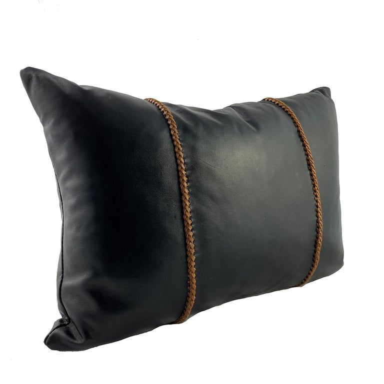 Black Leather Pillow with Tan Leather Cross Stitch, Lumbar Cushion For