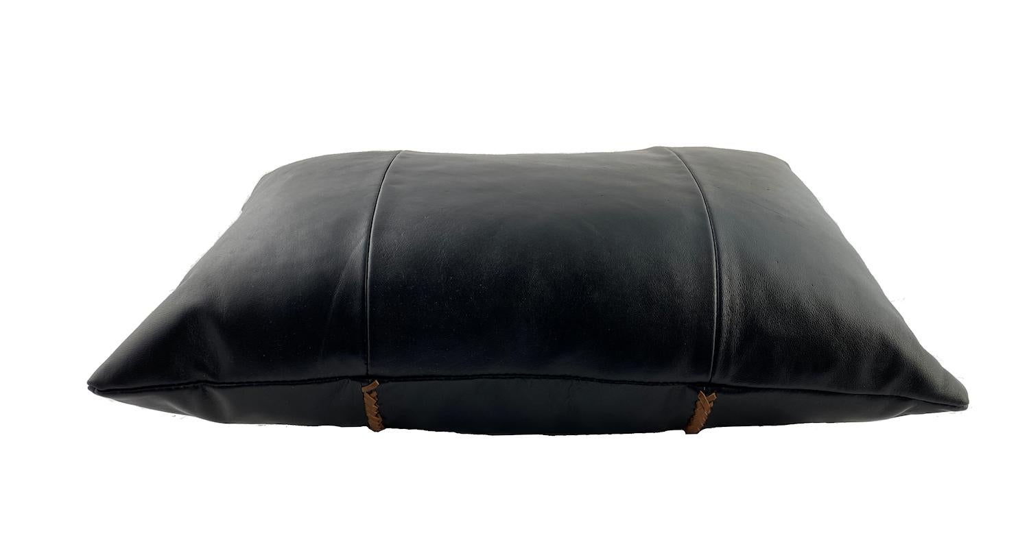 Black Leather Pillow with Tan Leather Cross Stitch, Lumbar Cushion at ...