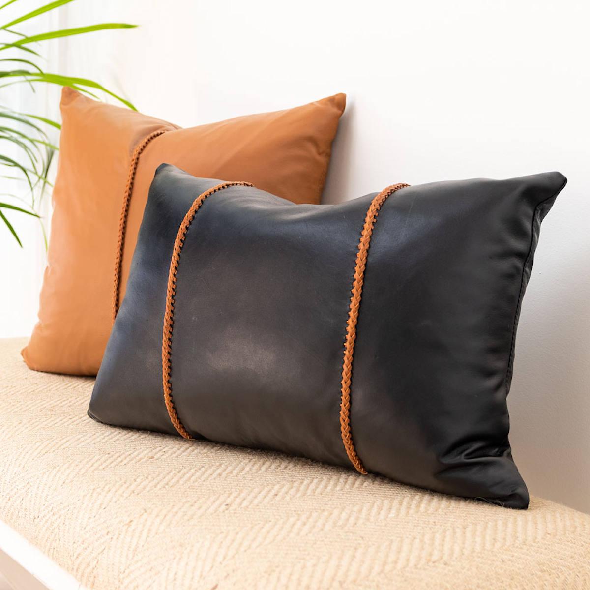 Industrial Black Leather Pillow with Tan Leather Cross Stitch, Lumbar Cushion