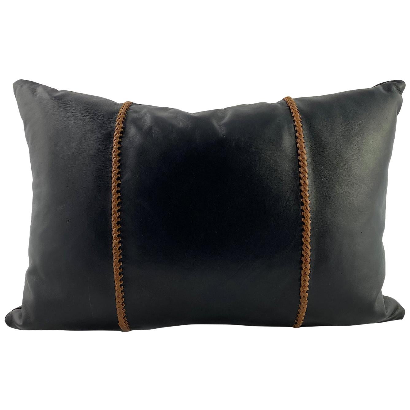 Black Leather Pillow with Tan Leather Cross Stitch, Lumbar Cushion