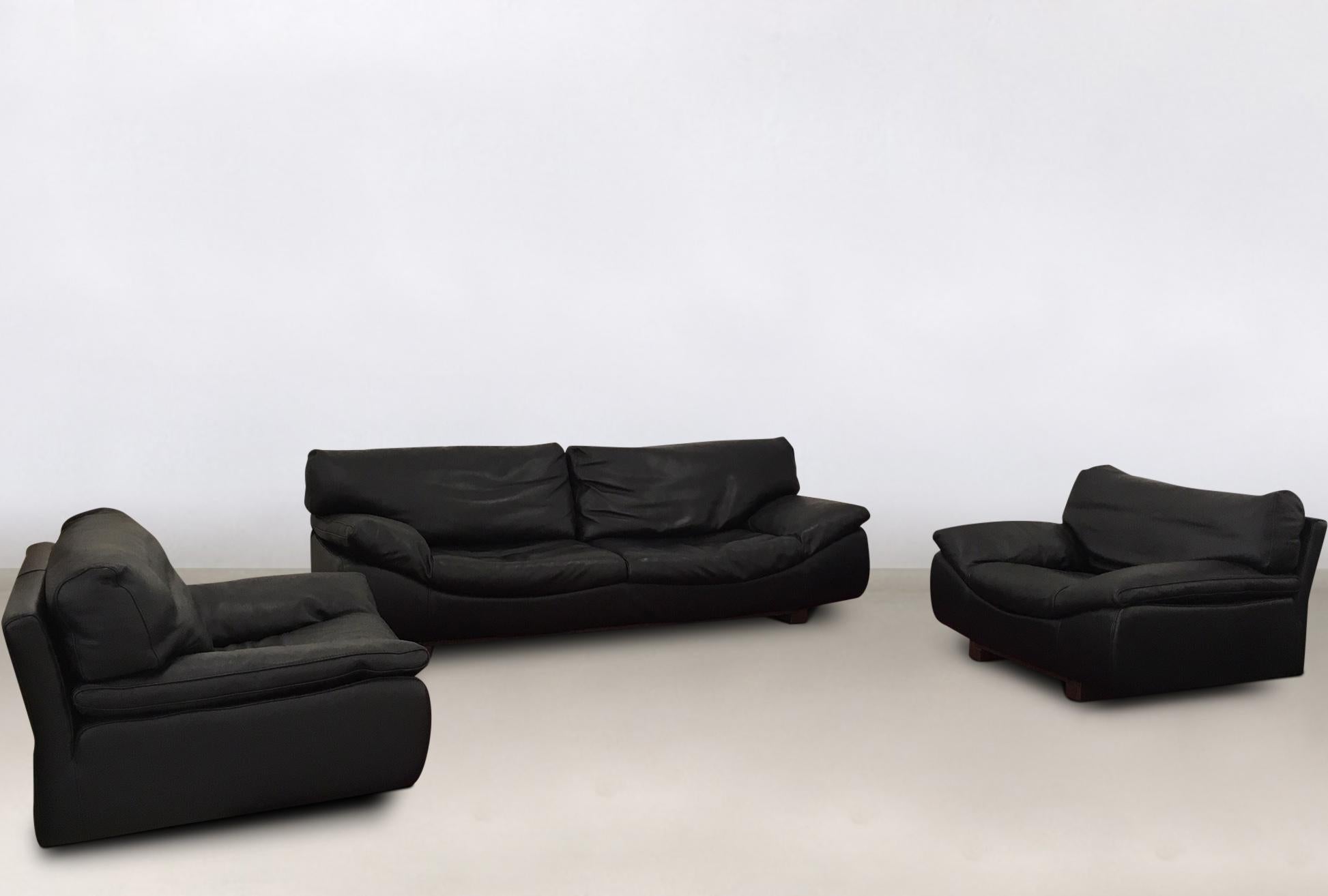 Black Leather Postmodern, Roche Bobois Sofa Set, Living Room Set FINAL SALE! In Good Condition In Schagen, NL