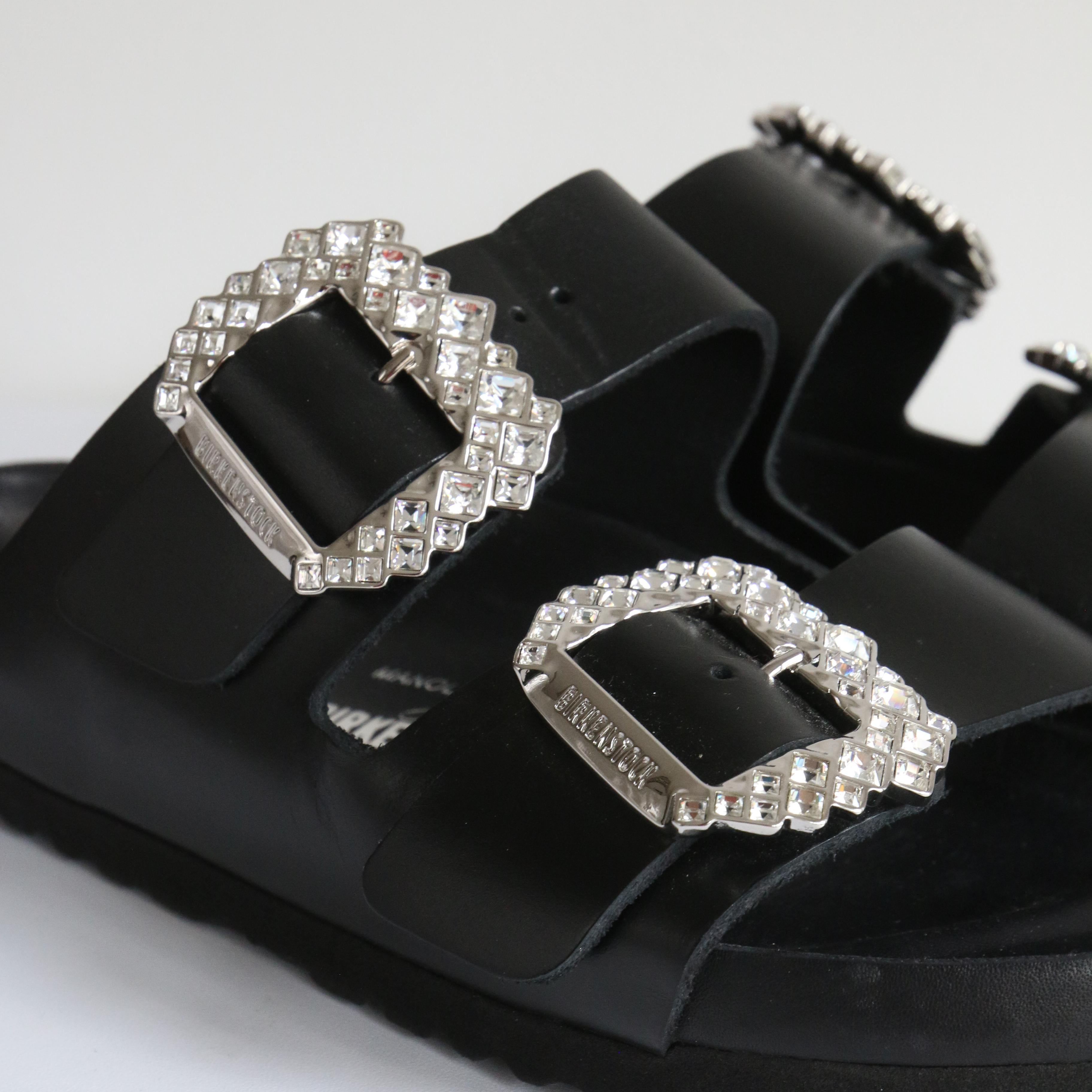 Women's or Men's  Black Leather & Rhinestone Manolo Blahnik For Birkenstock Sandals UK 6 US 8 EU 