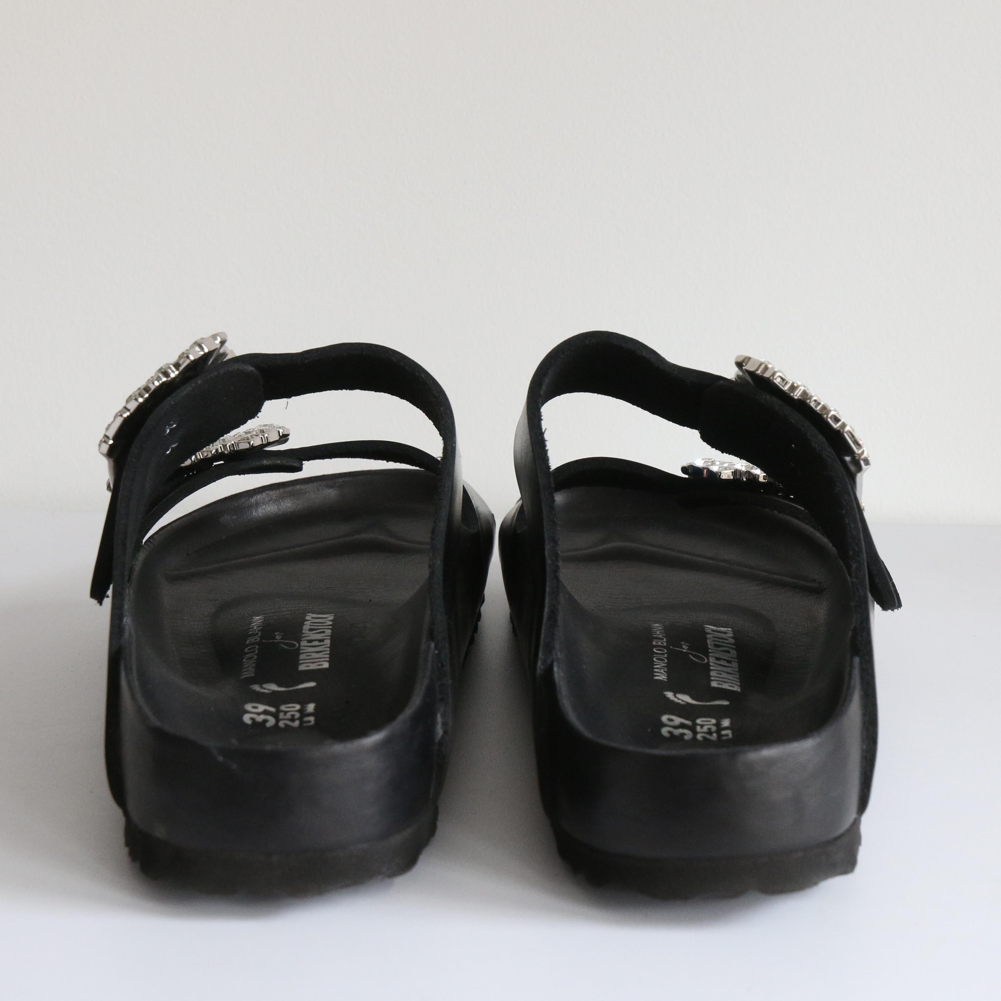  Black Leather & Rhinestone Manolo Blahnik For Birkenstock Sandals UK 6 US 8 EU  3