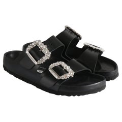  Cuir noir et strass Manolo Blahnik For Birkenstock Sandales UK 6 US 8 EU 