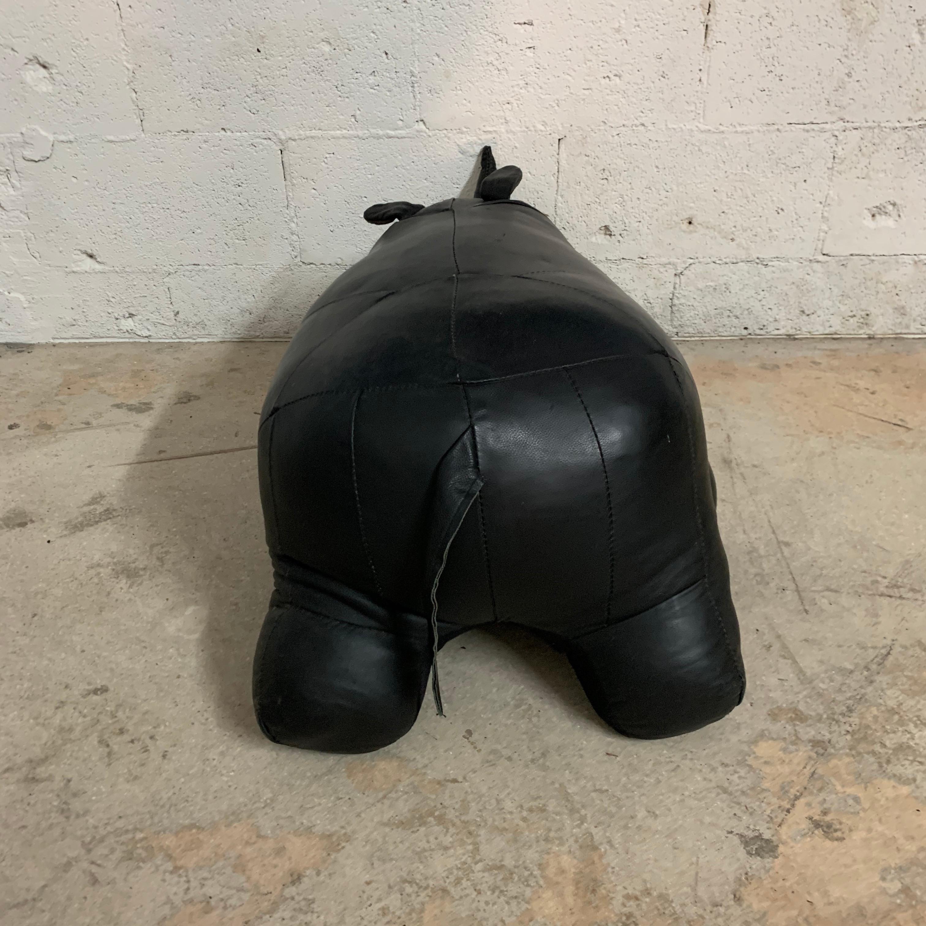 Mid-Century Modern Black Leather Rhinoceros Footstool or Ottoman, Abercrombie & Fitch Omersa Style