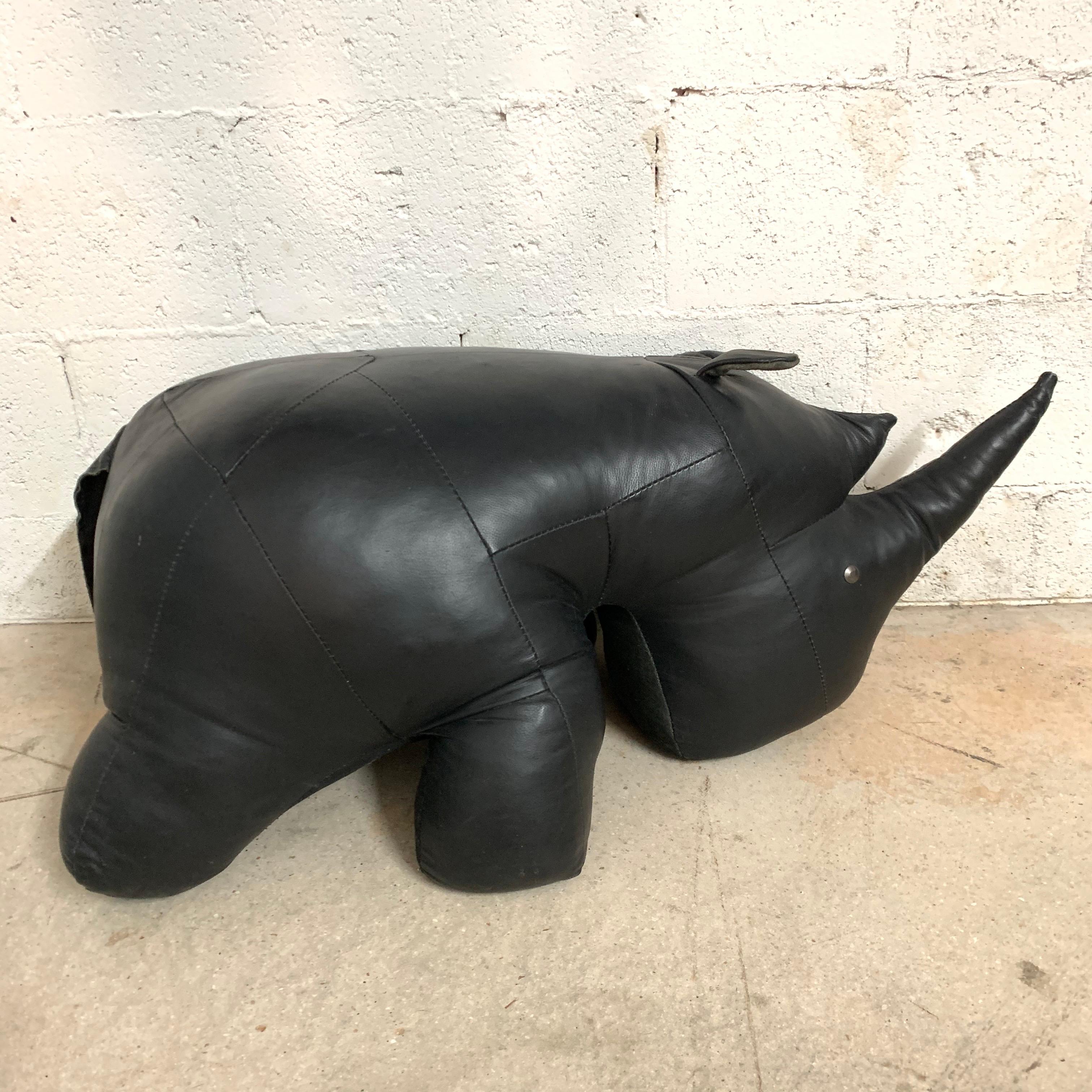 Black Leather Rhinoceros Footstool or Ottoman, Abercrombie & Fitch Omersa Style In Good Condition In Miami, FL