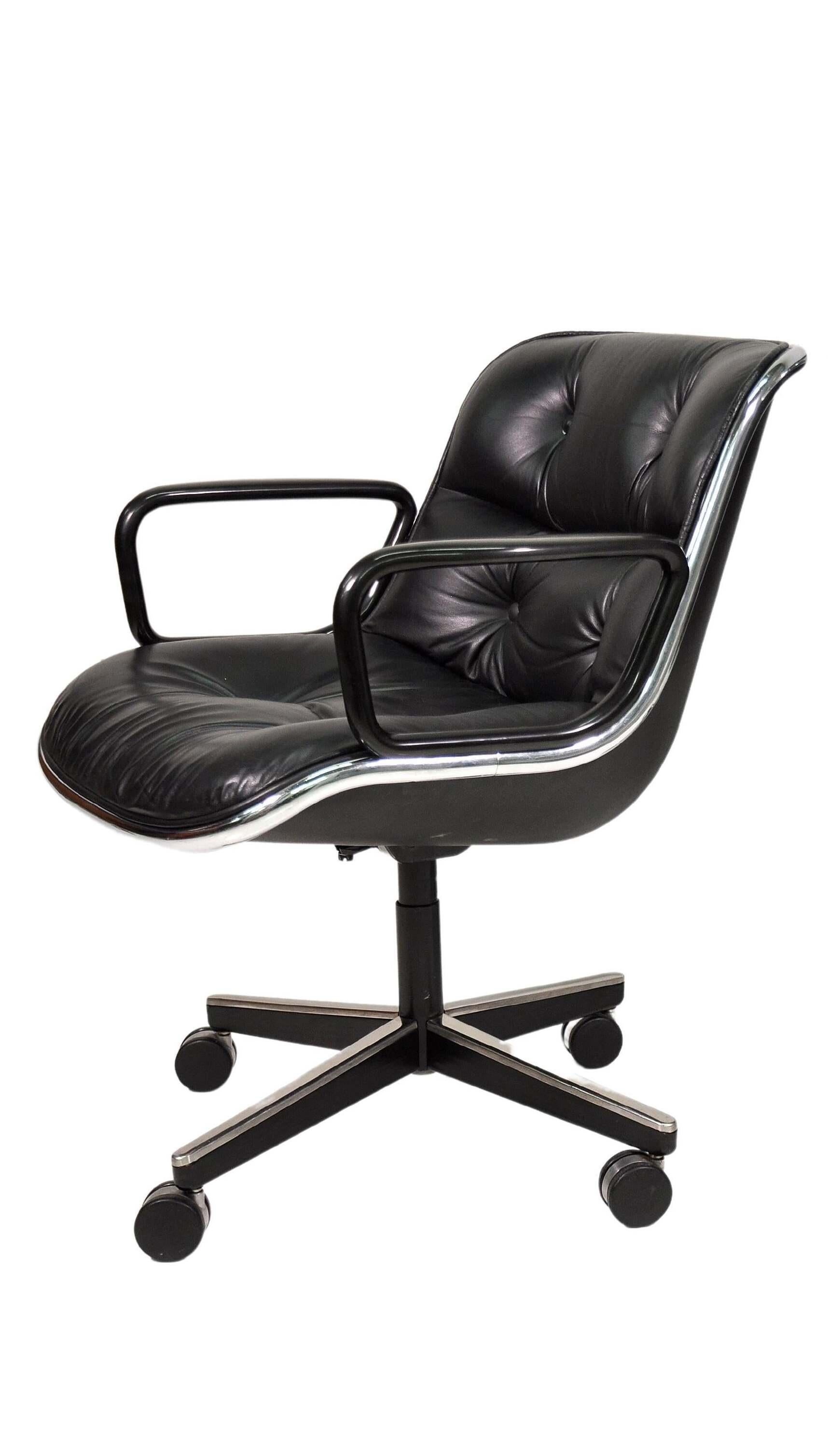 Black Leather Rolling Office Chair by Charles Pollock for Knoll International In Good Condition In Miami, FL