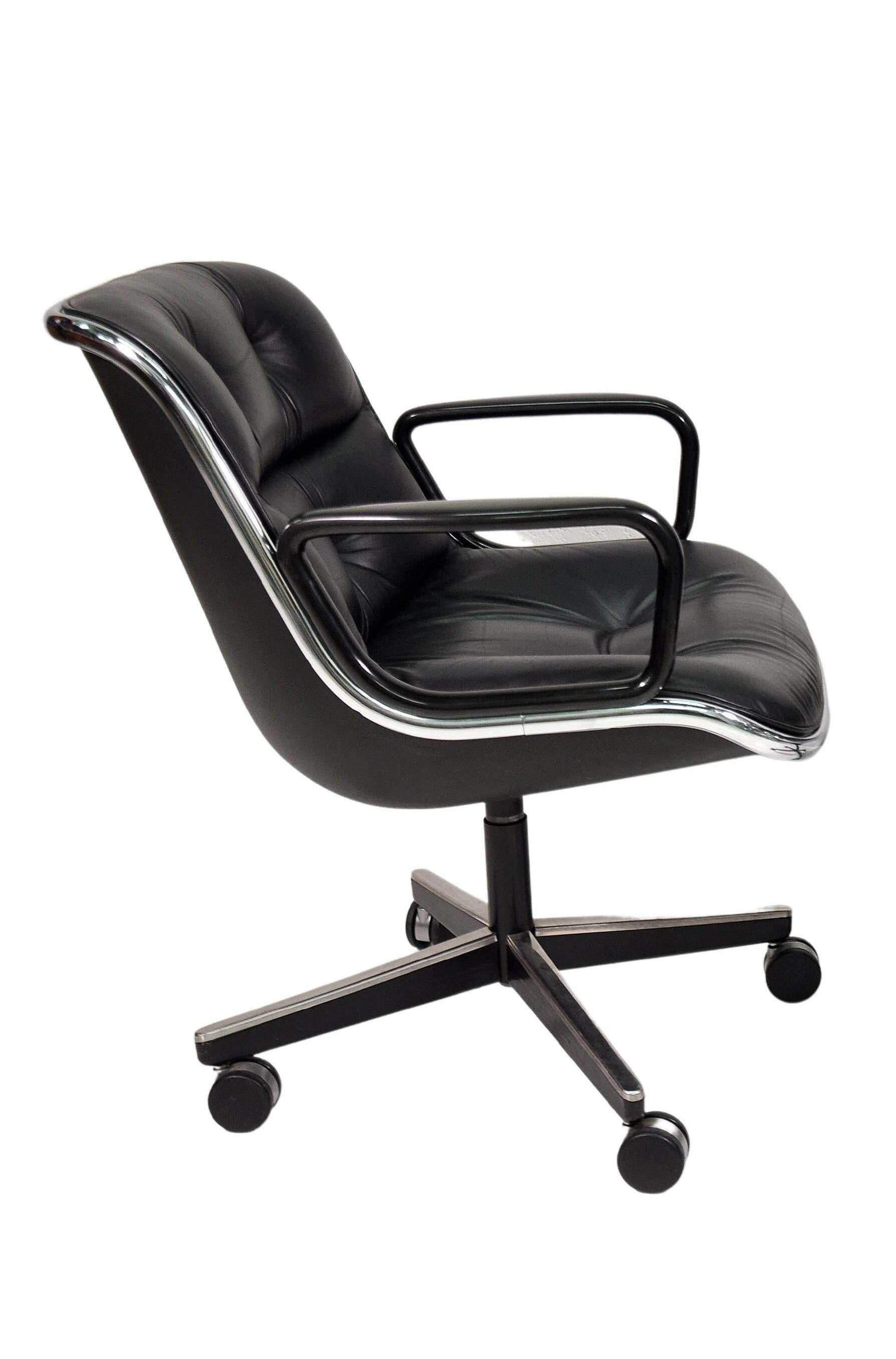 Metal Black Leather Rolling Office Chair by Charles Pollock for Knoll International