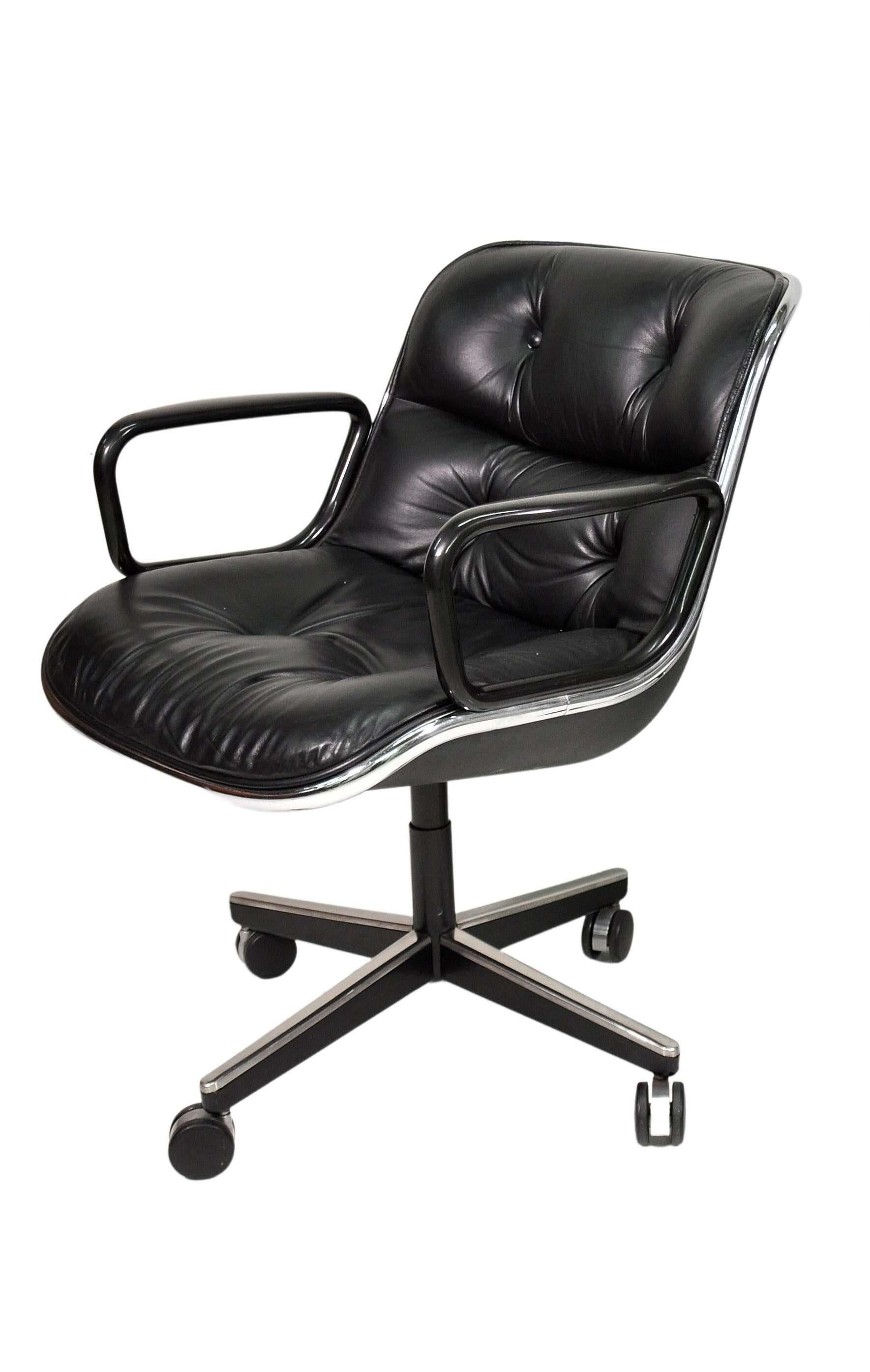 Black Leather Rolling Office Chair by Charles Pollock for Knoll International 2