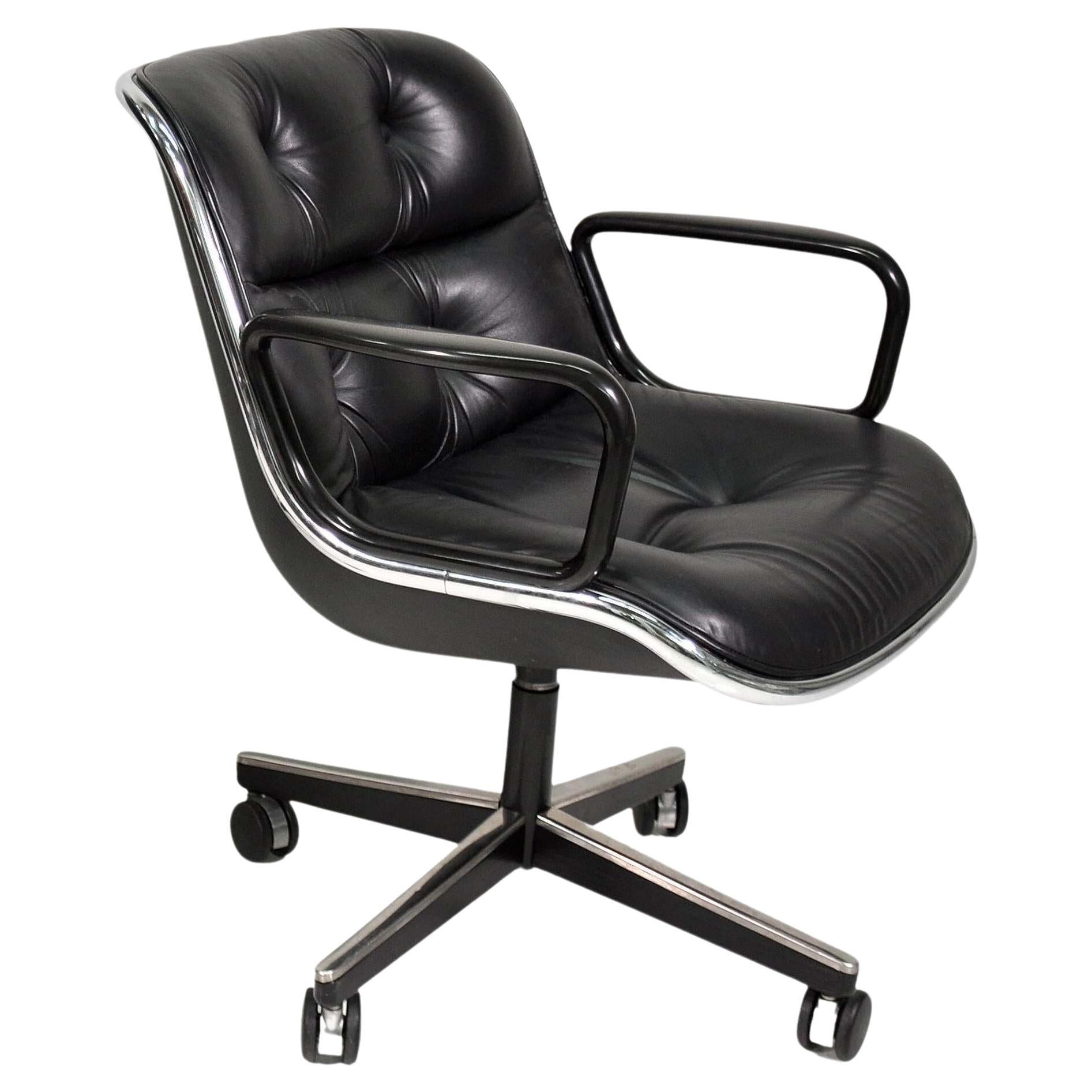 Black Leather Rolling Office Chair by Charles Pollock for Knoll International