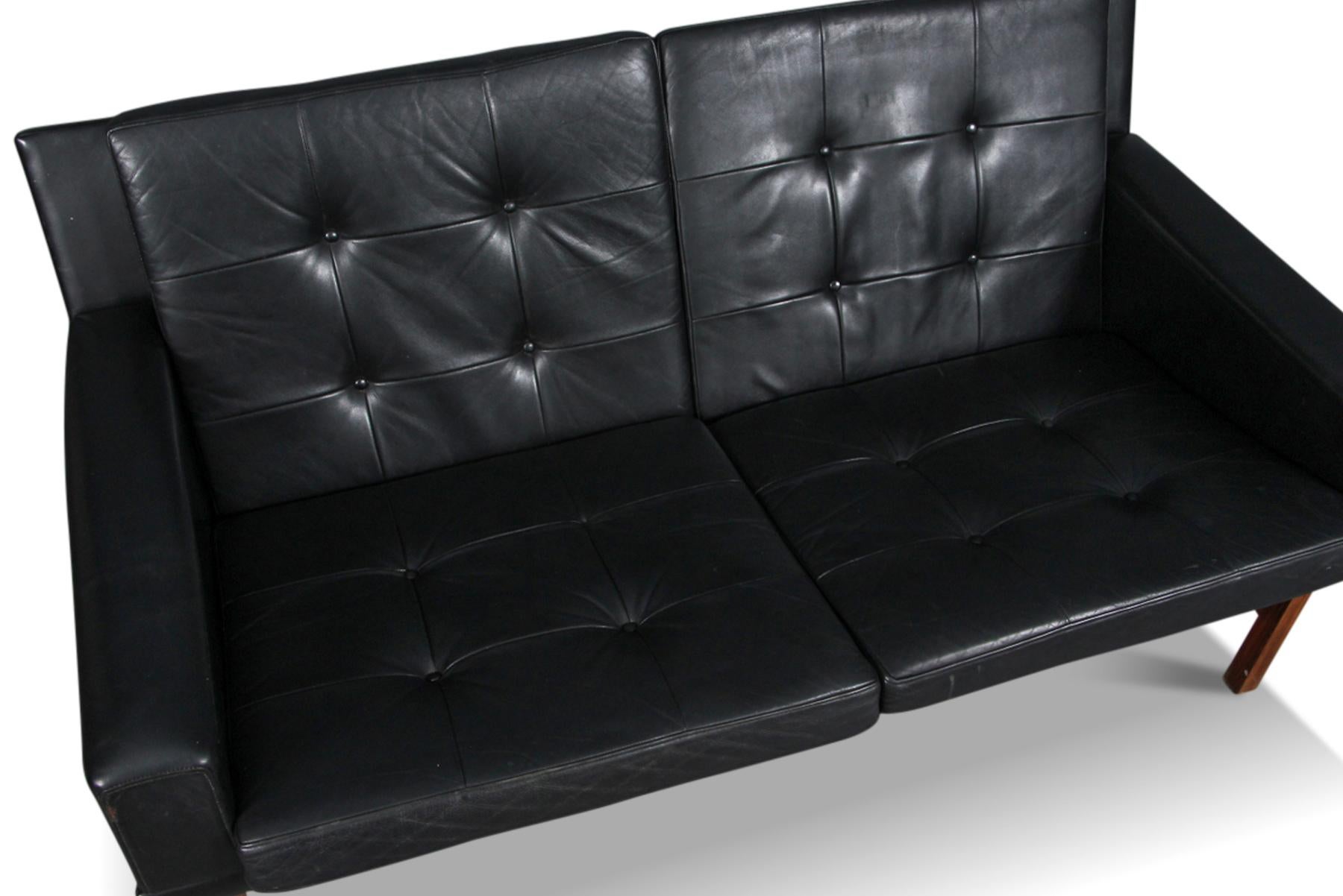 Danish Black Leather + Rosewood Loveseat by Sevnd Ellekaer