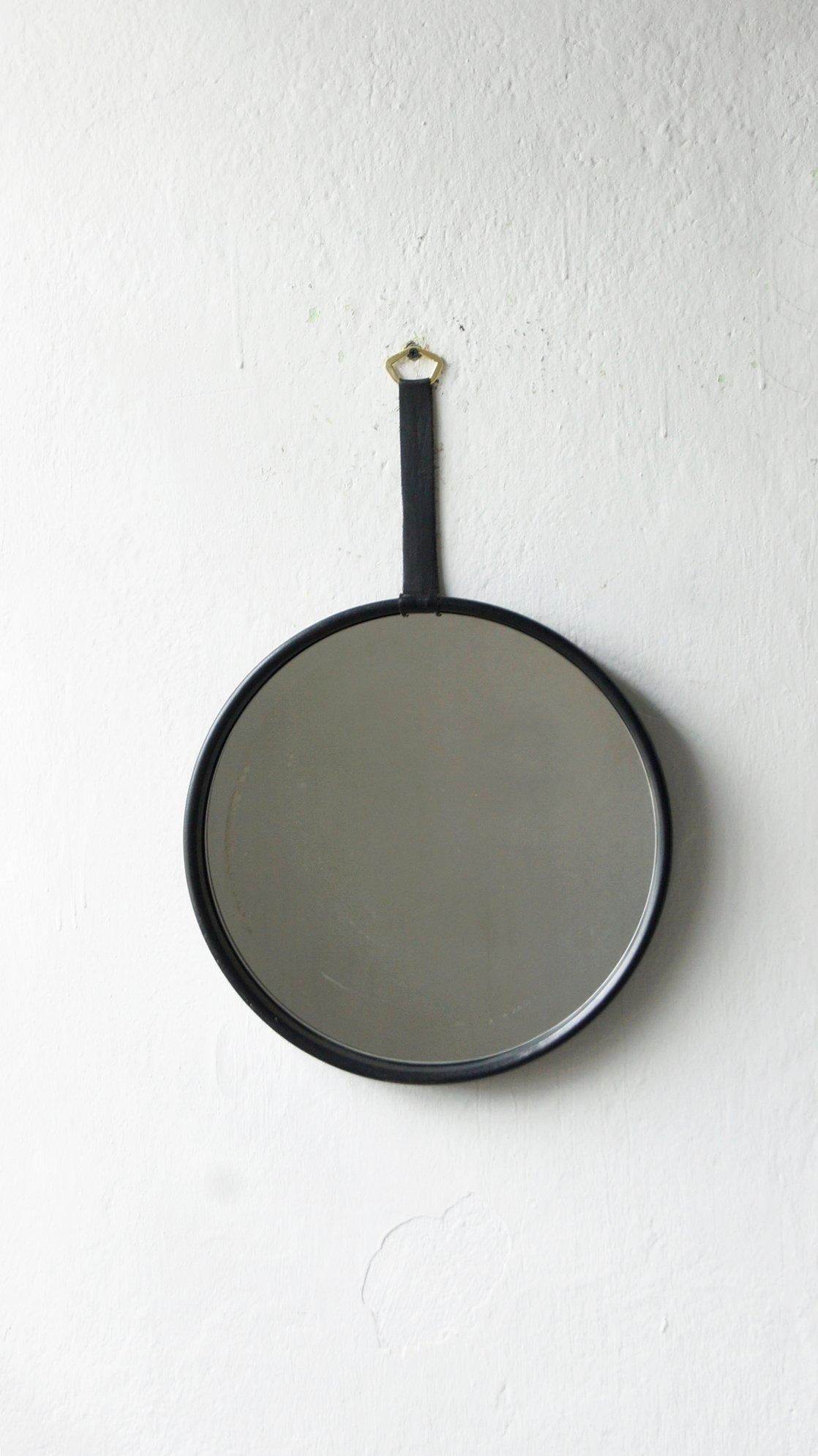 Mid-Century Modern Black Leather Round Mirror For Sale