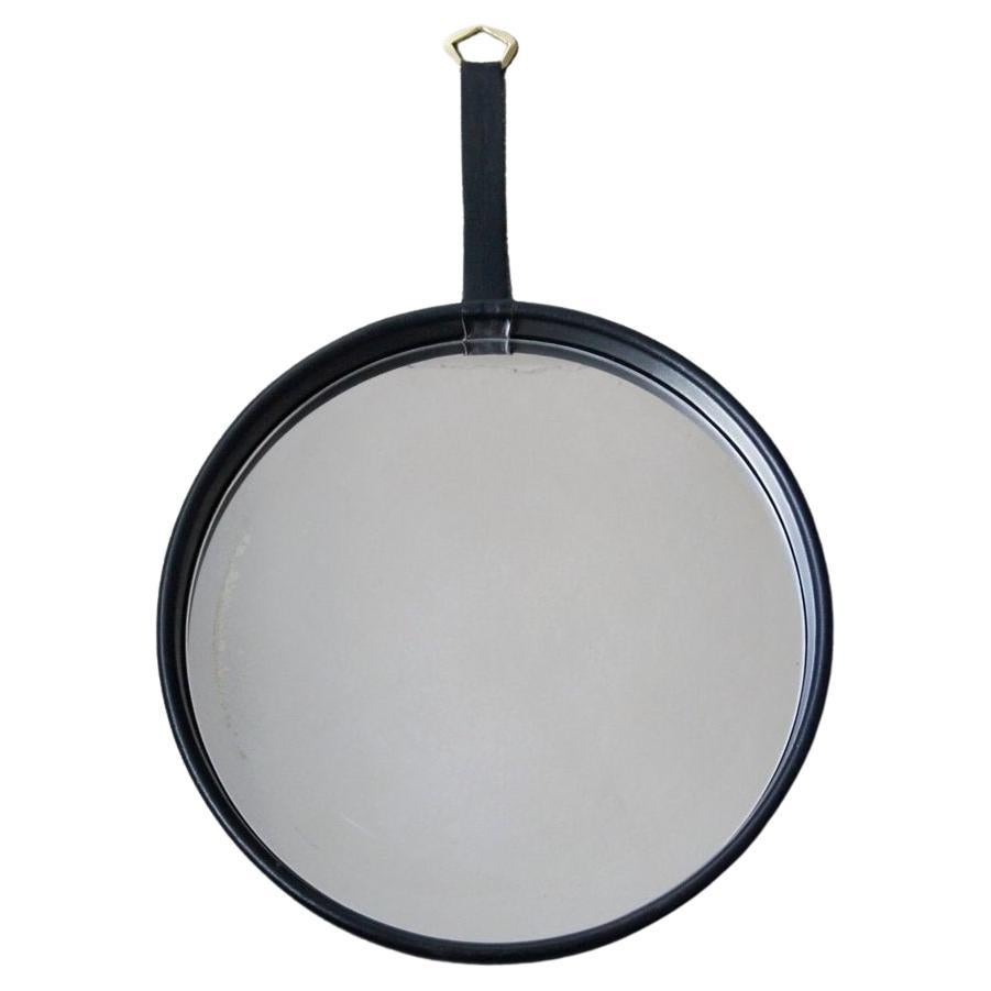 Black Leather Round Mirror For Sale