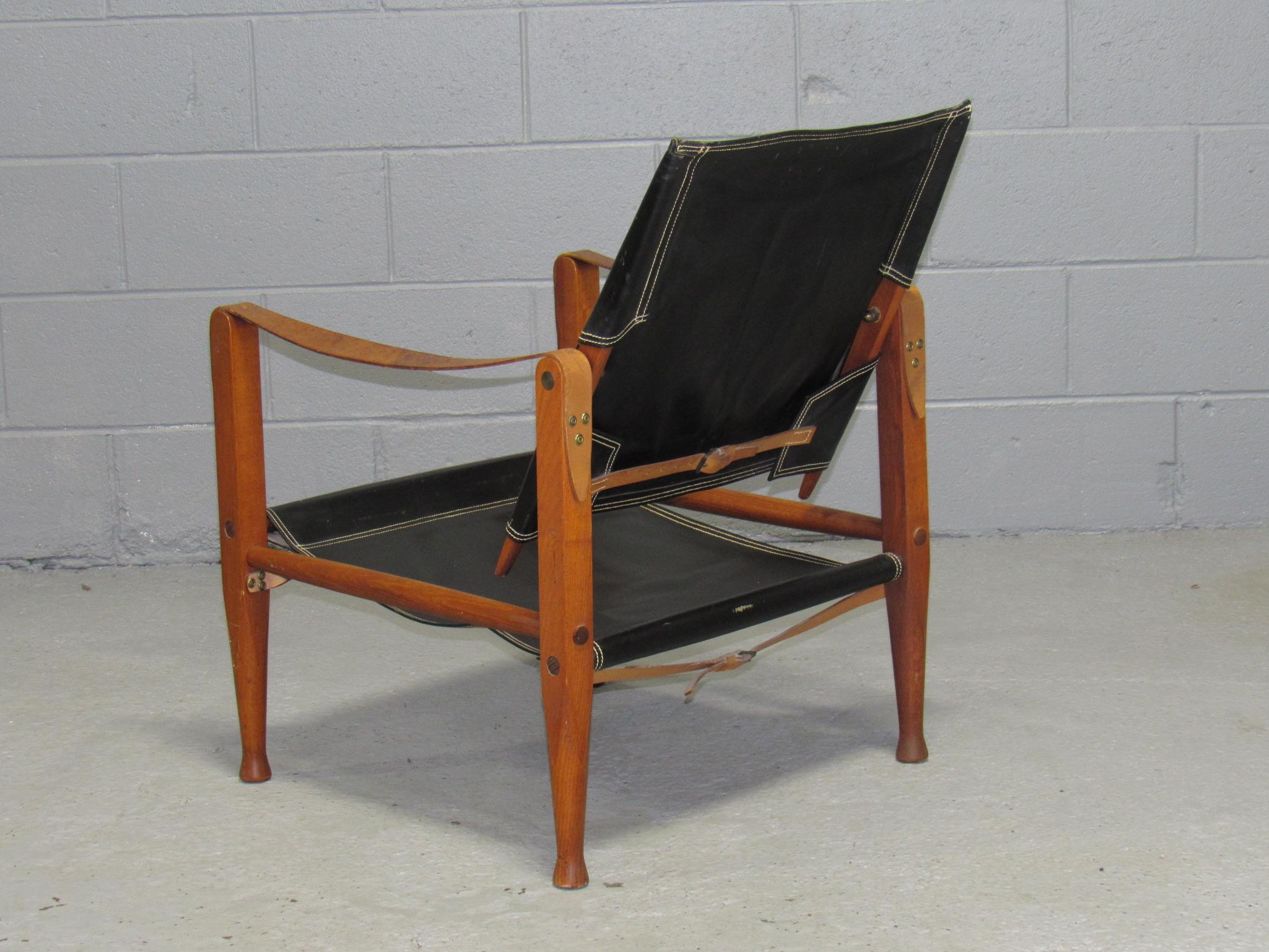 Mid-Century Modern Chaise Safari en cuir noir de Kaare Klint pour Rud Rasmussen en vente
