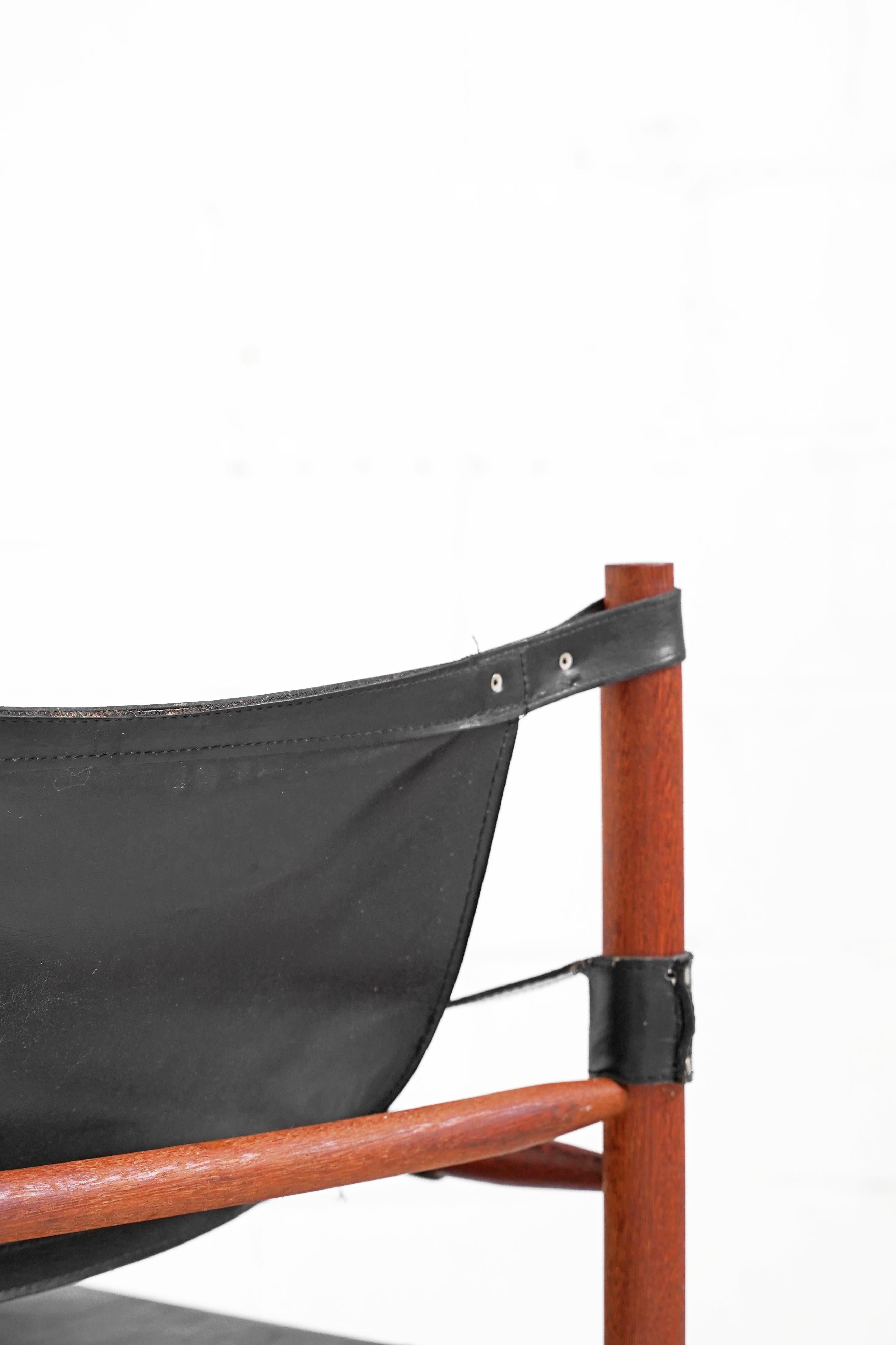 Teak Black Leather Safari Sling Chair in the style of Arne Norell for Norells AB