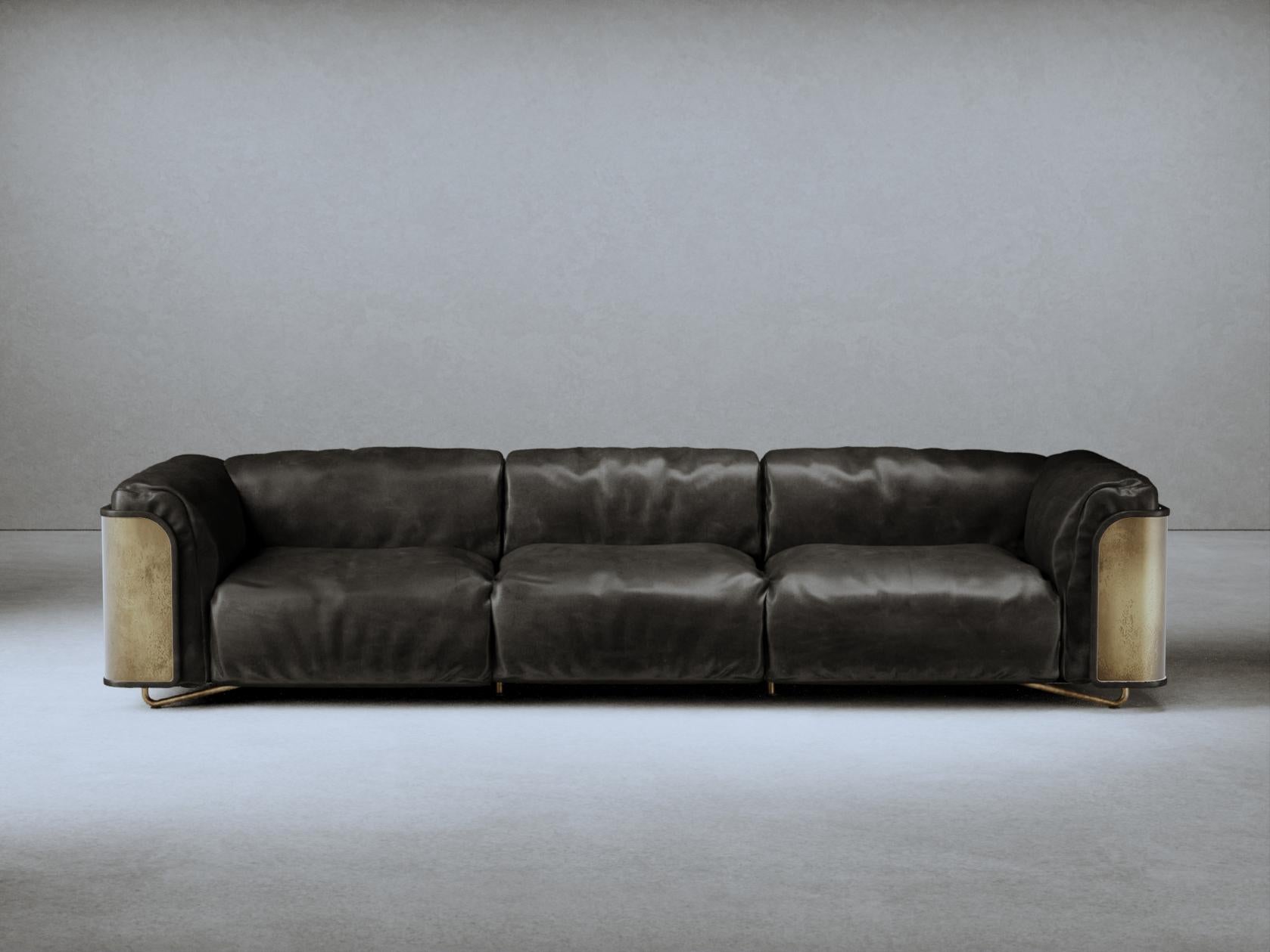 Black Leather Saint Germain Sofa by Gio Pagani
Dimensions: D 90 x W 293 x H 66 cm. SH: 40 cm.
Materials: Black timeless leather and raw brass.

Also available in Nimbus fabric and in Stone colored leather. Please contact us.

In a fluid society
