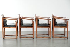 Black leather set of 4 Art Deco design dining chairs with armrests