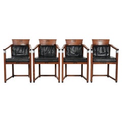 Black leather set of 4 Art Deco design dining chairs with armrests