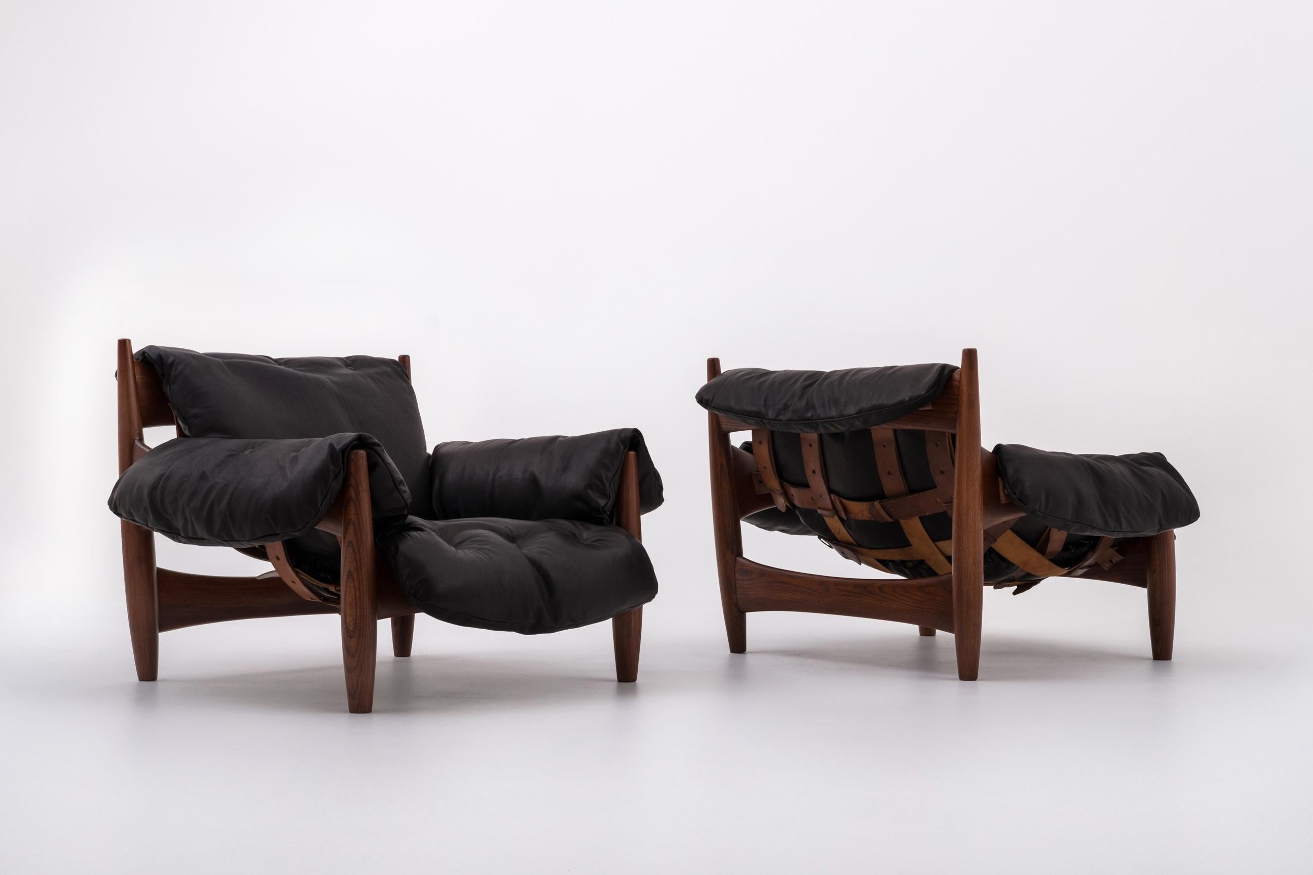 Brazilian Black Leather ‘Sheriff’ Lounge Chairs by Sergio Rodrigues, 1960s